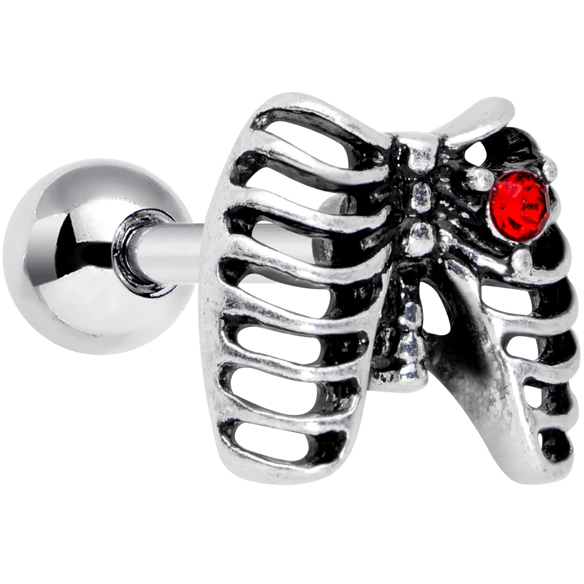 16G 1/4 Red CZ Gem Heart Skeleton Halloween Cartilage Earring