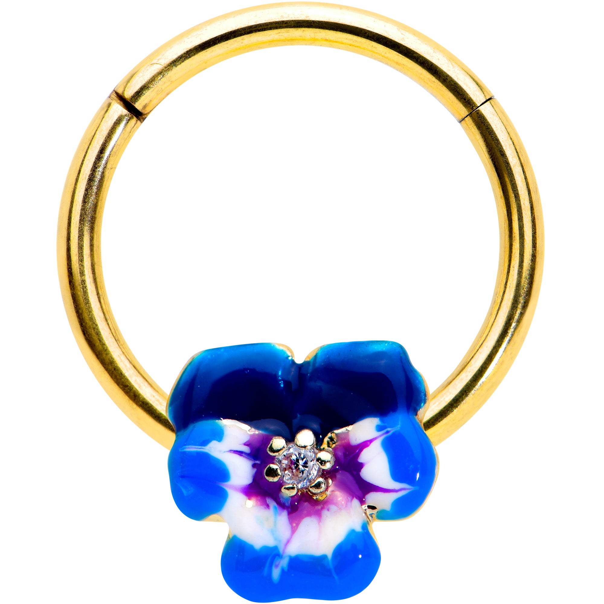 16G 3/8 Clear CZ Gem Gold Tone Spring Flower Hinged Segment Ring