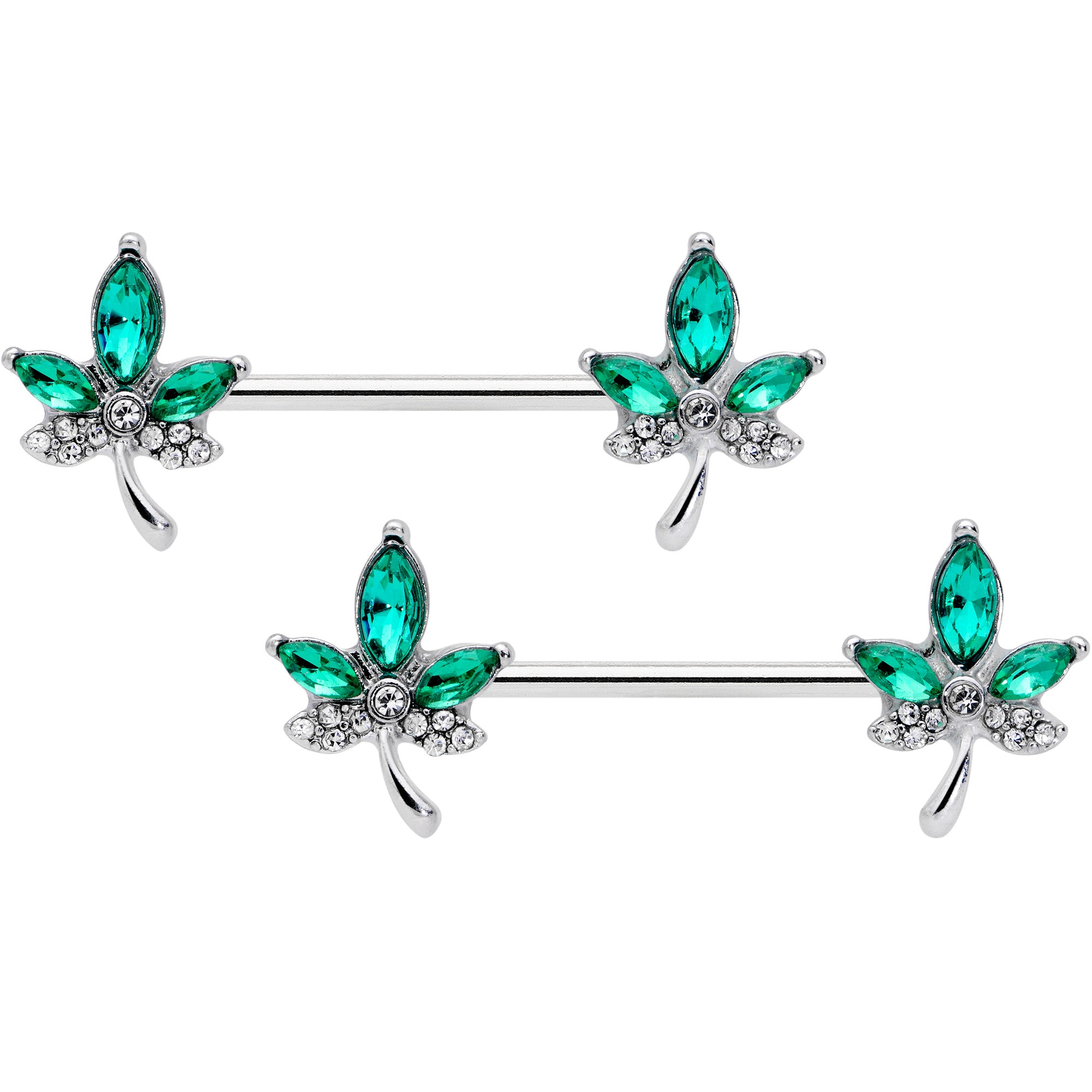 14G 9/16 Clear Green Gem Pot Leaf Barbell Nipple Ring Set