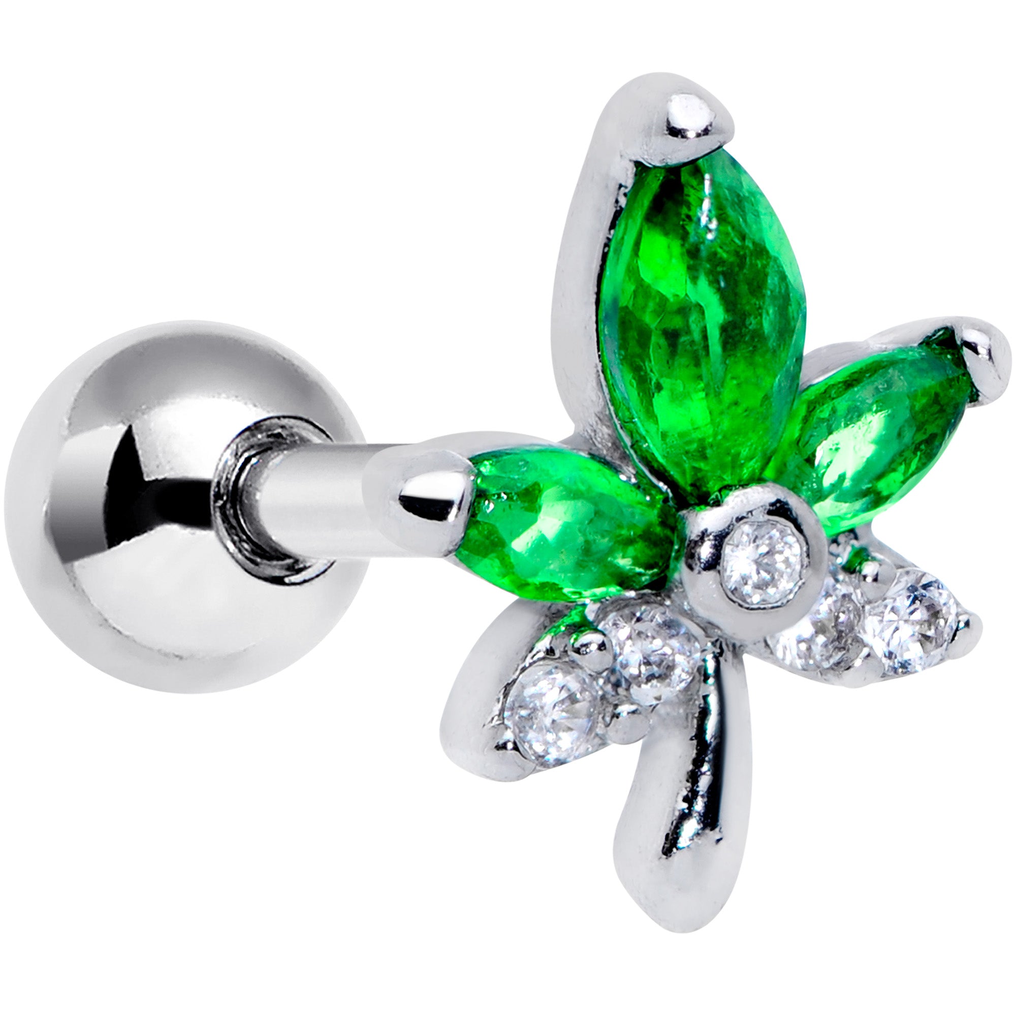 16G 1/4 Clear Green Gem Pot Leaf Cartilage Tragus Earring