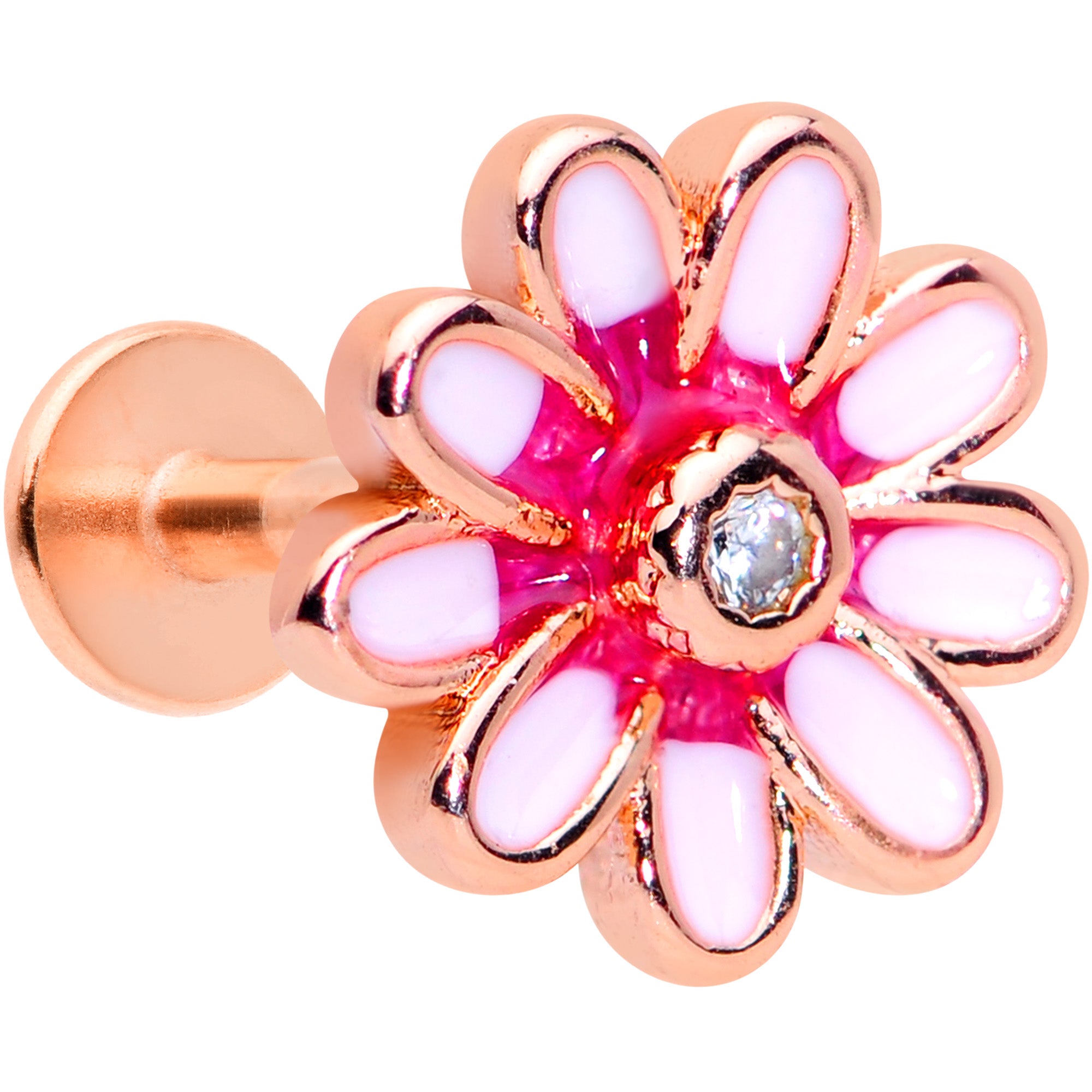16G 5/16 Clear Gem Rose Gold Hue Pink Flower Labret Monroe Tragus