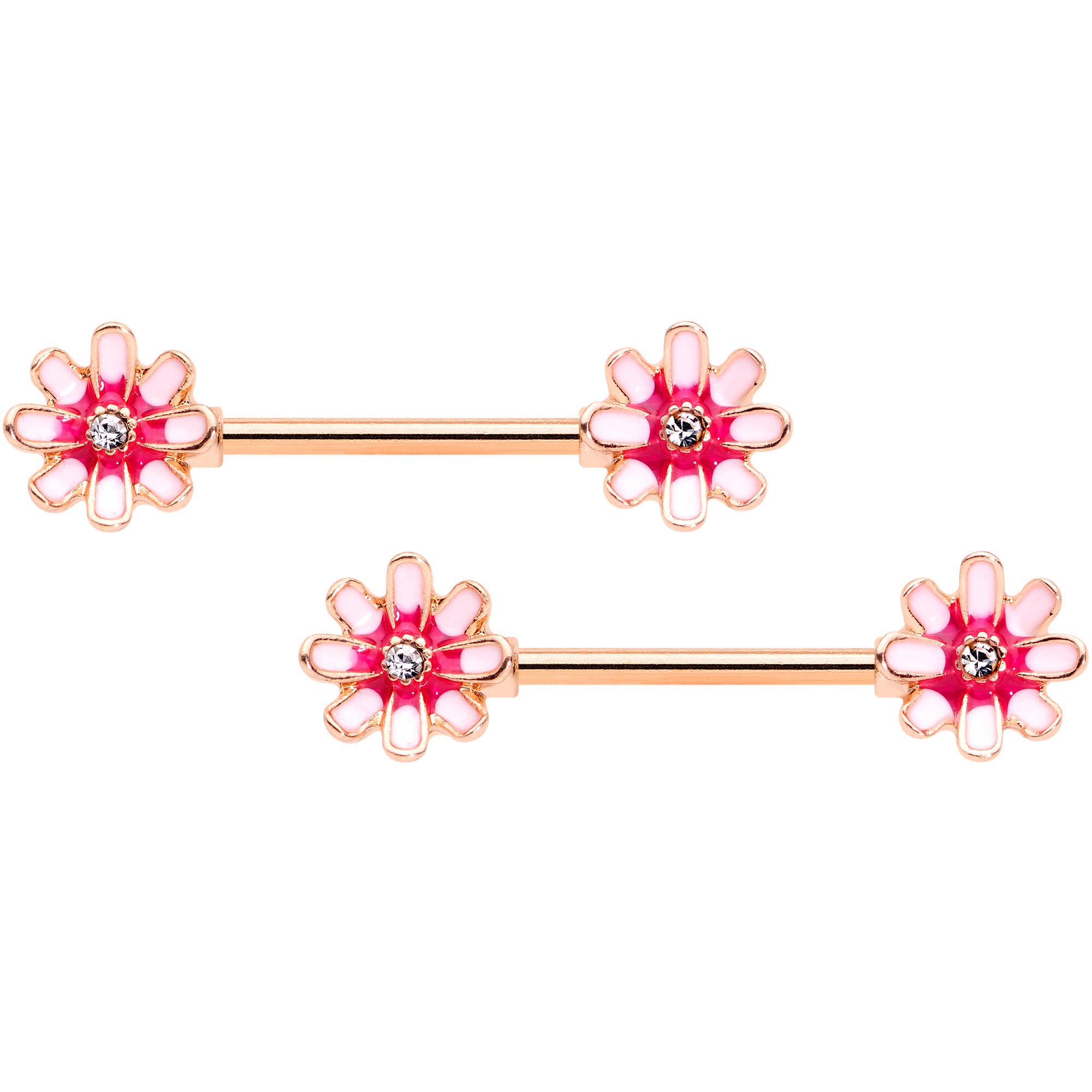 14G 5/8 Clear Gem Rose Gold Tone Pink Flower Nipple Ring Set
