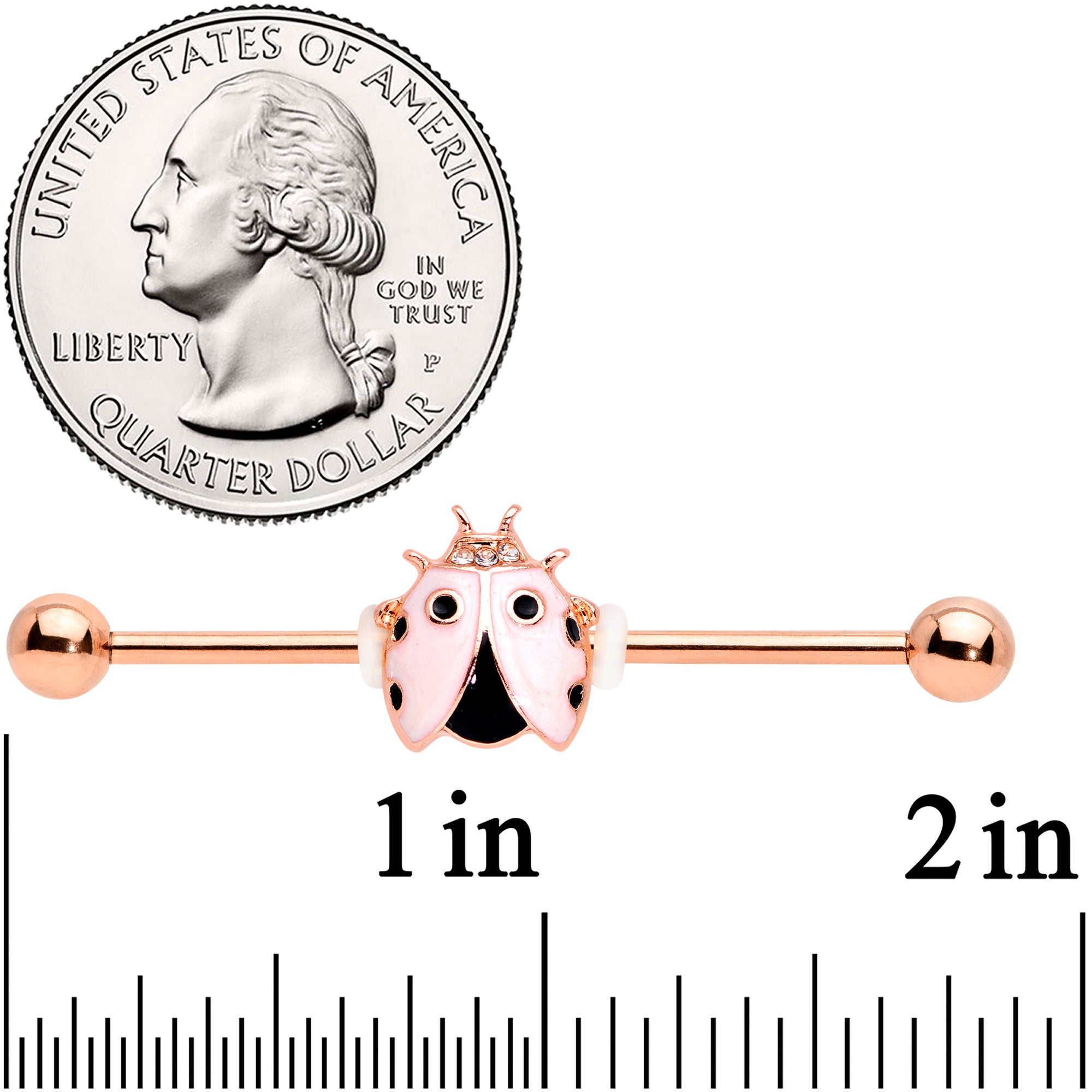 14G Clear Gem Rose Gold Tone Lil Ladybug Industrial Barbell 38mm