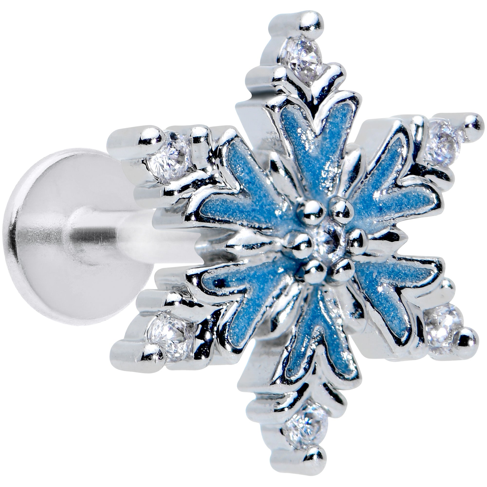 16G 5/16 Clear CZ Blue Snowflake Christmas Labret Monroe Tragus