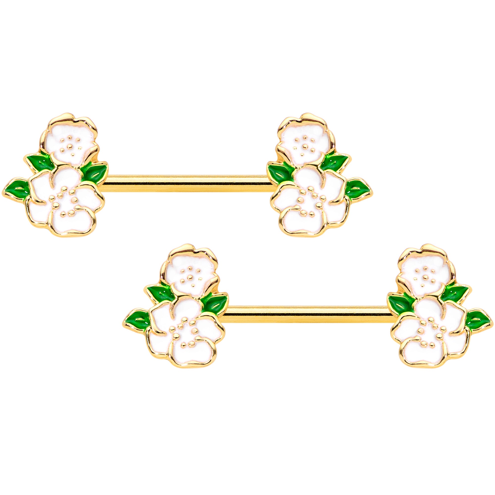14G 9/16 Gold Tone White Spring Flower Barbell Nipple Ring Set
