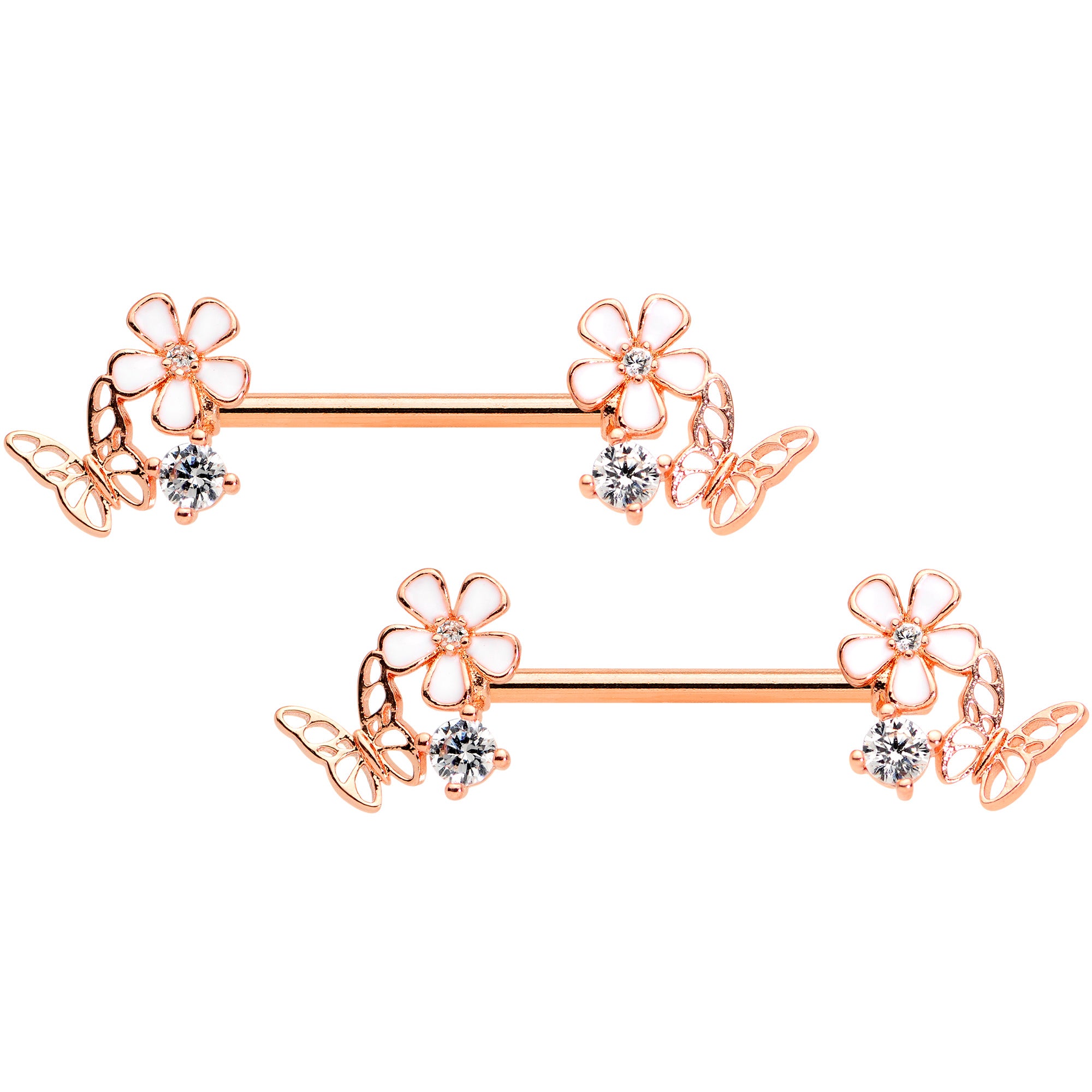 14G 9/16 Clear CZ Gem Rose Gold Tone Butterfly Nipple Ring Set