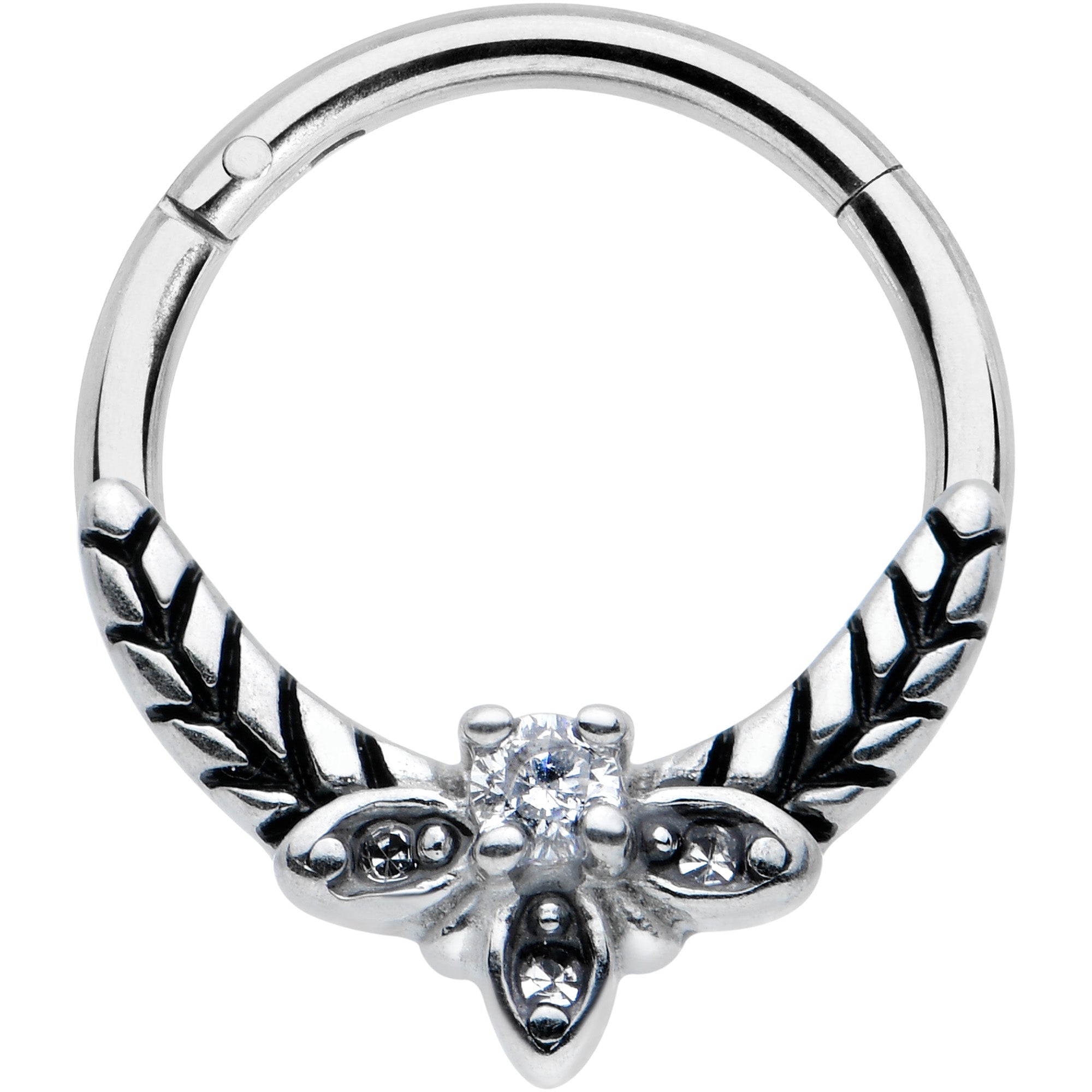 16G 3/8 Clear Gems Gothic Bee Hinged Segment Ring