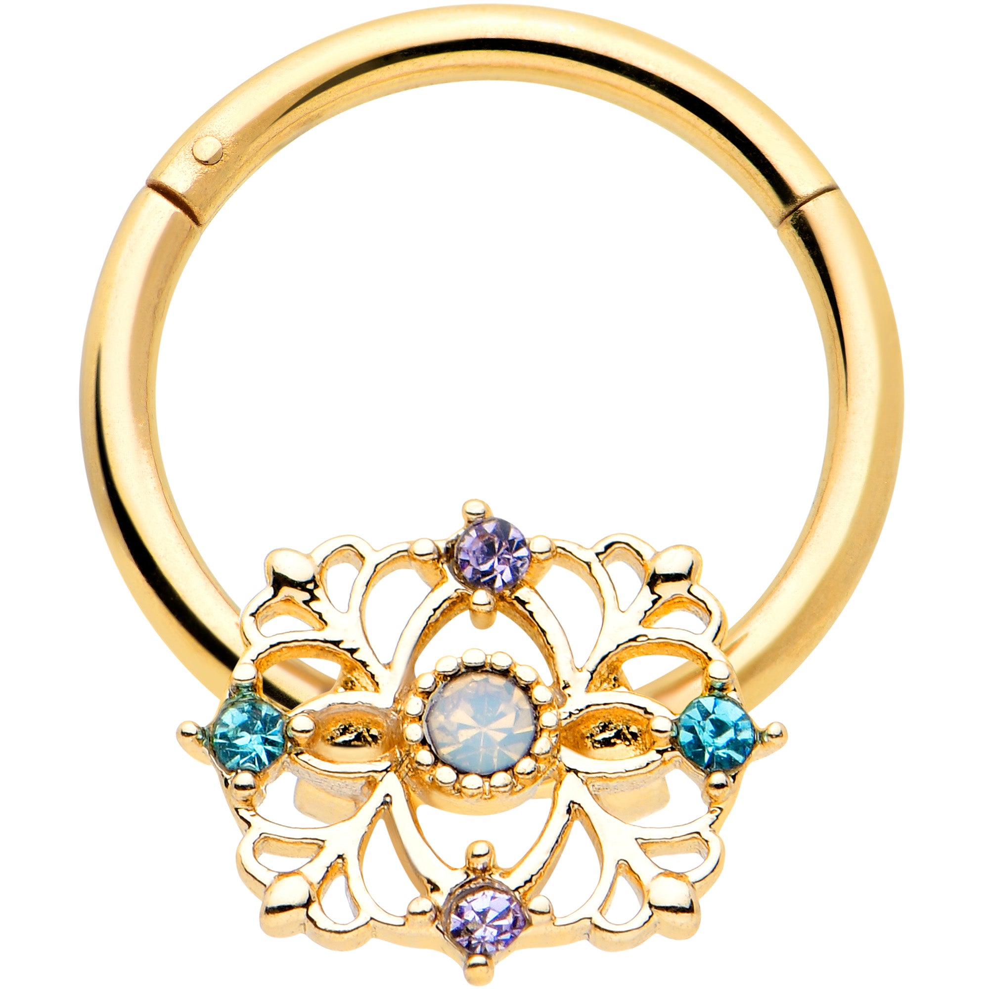 16G 3/8 White Synthetic Opal Gold Tone Web Hinged Segment Ring