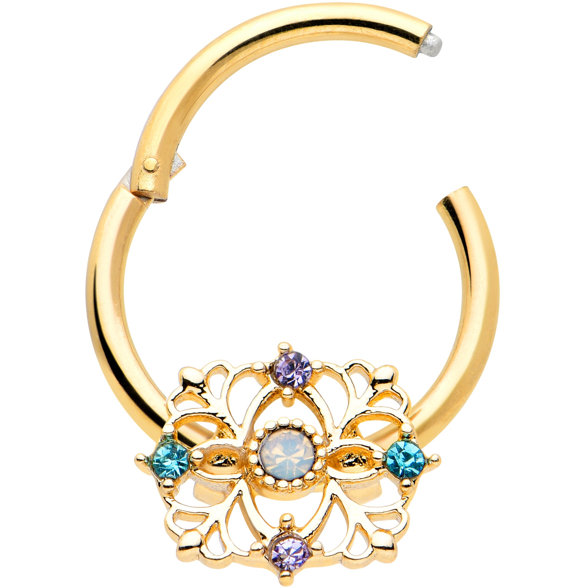 16G 3/8 White Synthetic Opal Gold Tone Web Hinged Segment Ring