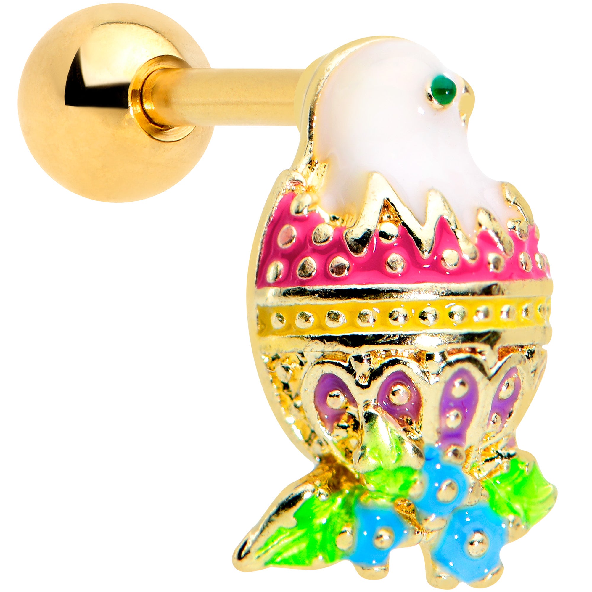 16G 1/4 Gold Tone Yellow Pink Hatched Easter Chick Tragus Earring