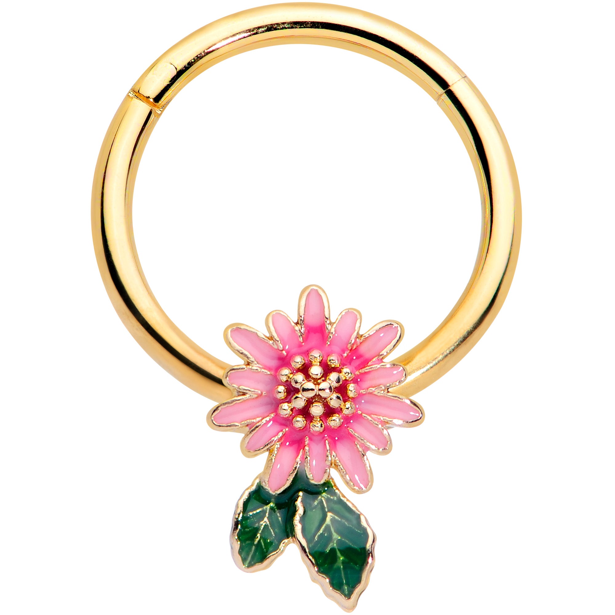 16G 3/8 Gold Tone Pink Spring Flower Hinged Segment Ring