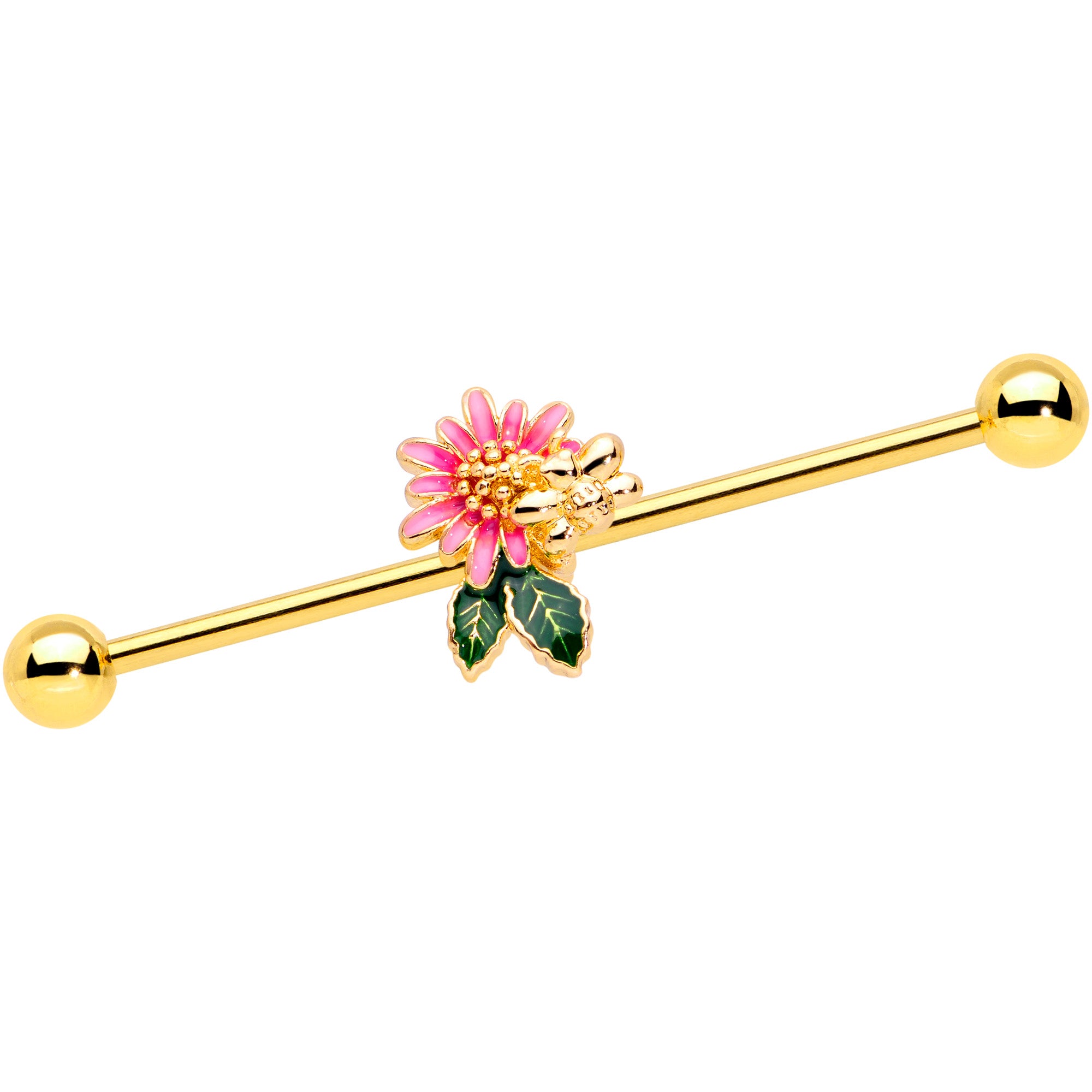 14G Gold Tone Pink Flower Bee Industrial Barbell 38mm