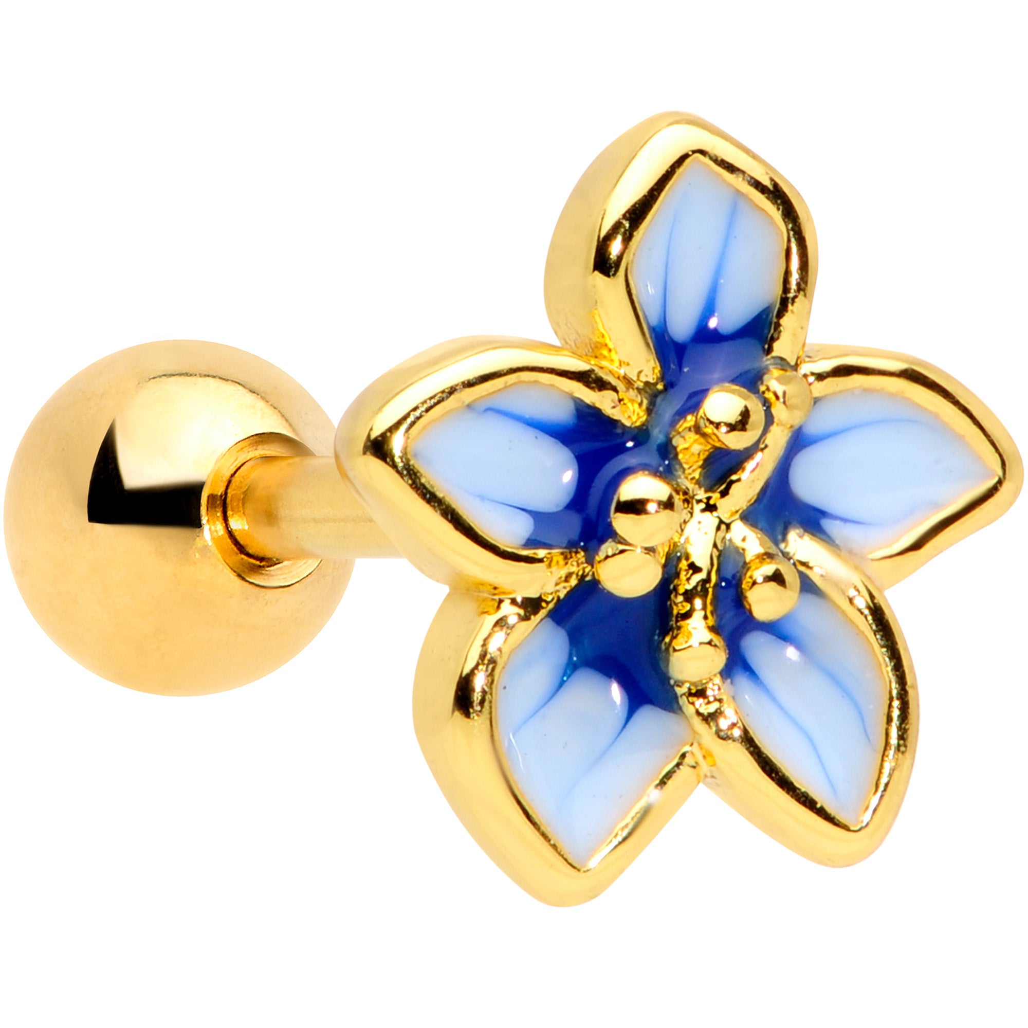 16G 1/4 Gold Tone White Blue Flower Cartilage Tragus Earring