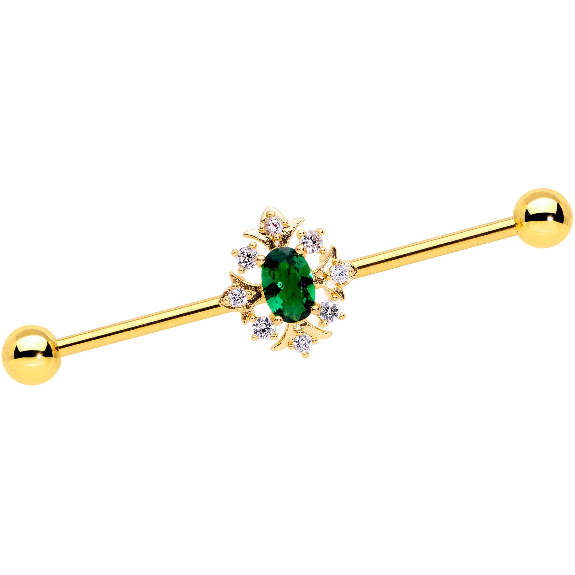 14G Green Gem Gold Tone Oval Sunburst Industrial Barbell 38mm