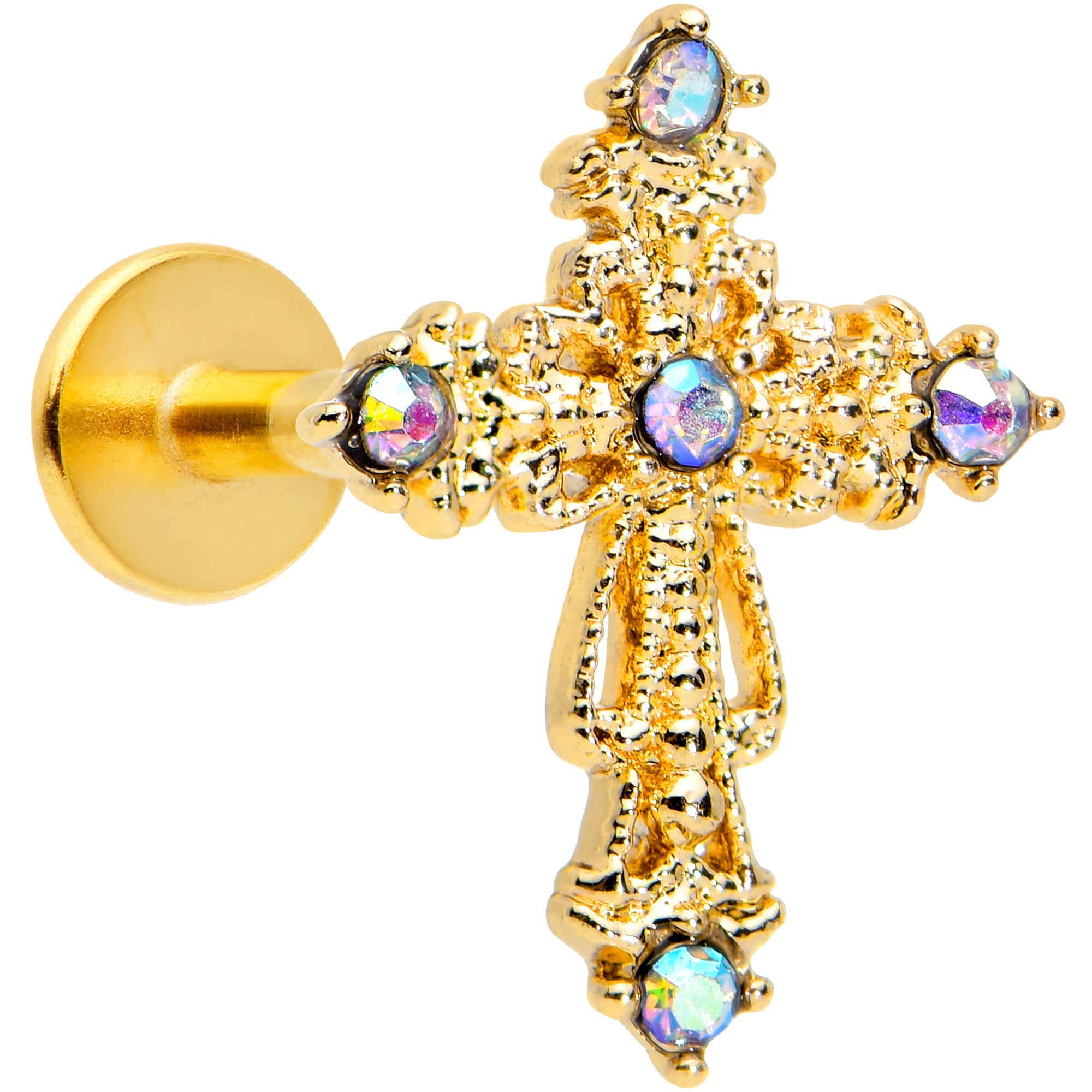 16G 5/16 Aurora Gem Gold Tone Elegant Cross Labret Monroe Tragus