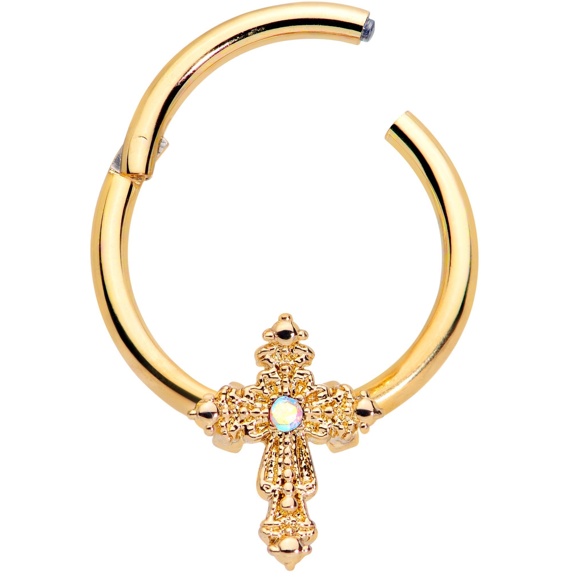 16G 3/8 Aurora CZ Gem Gold Tone Subtle Cross Hinged Segment Ring