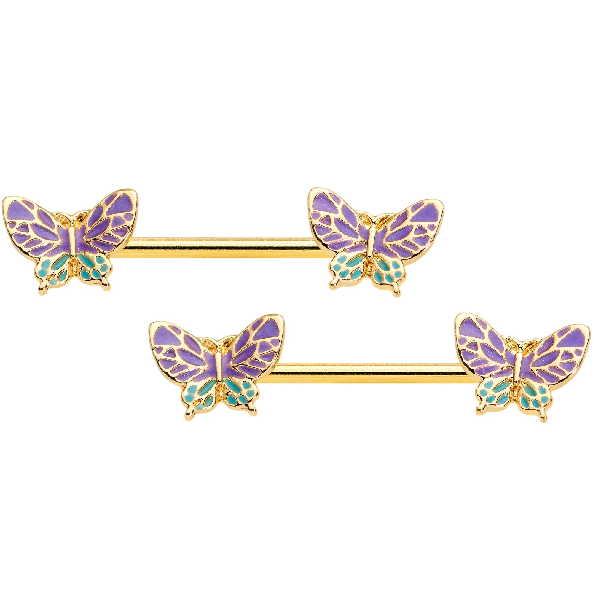 14G 9/16 Gold Tone Purple Green Butterfly Barbell Nipple Ring Set