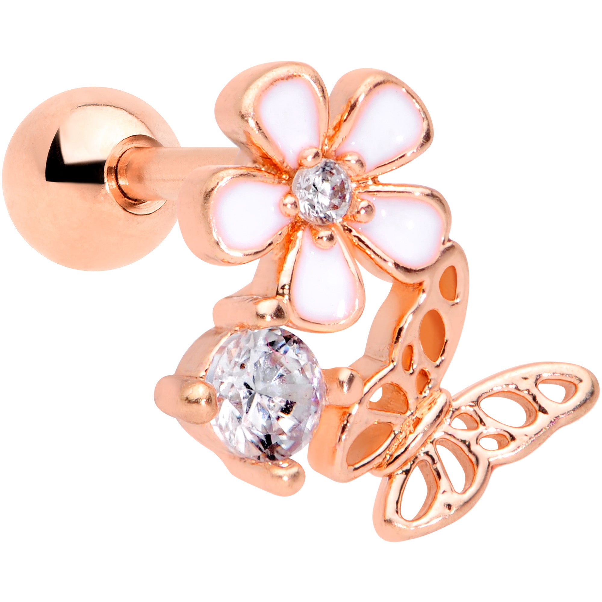 16G 1/4 Clear CZ Gem Rosy Hue Butterfly Flower Tragus Earring