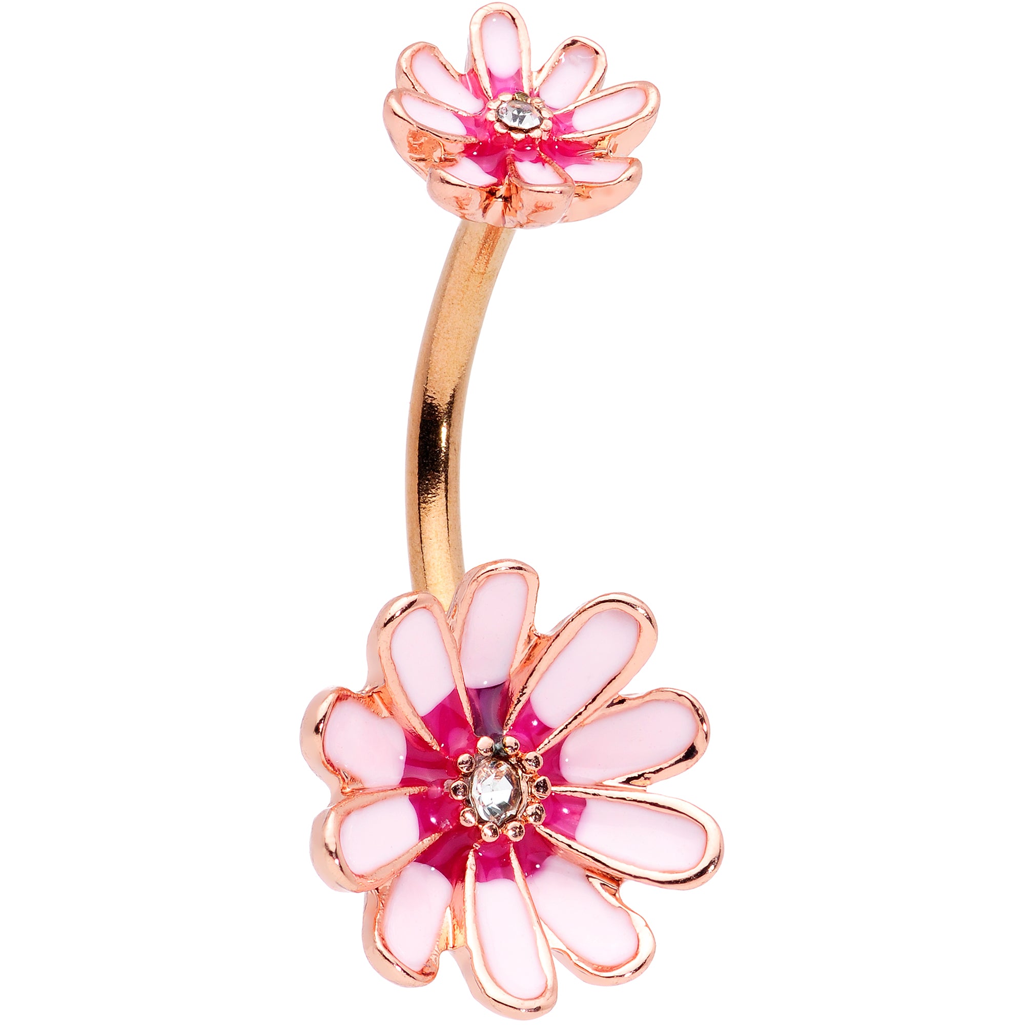 Clear Gem Rose Gold Tone Pink Flower Double Mount Belly Ring
