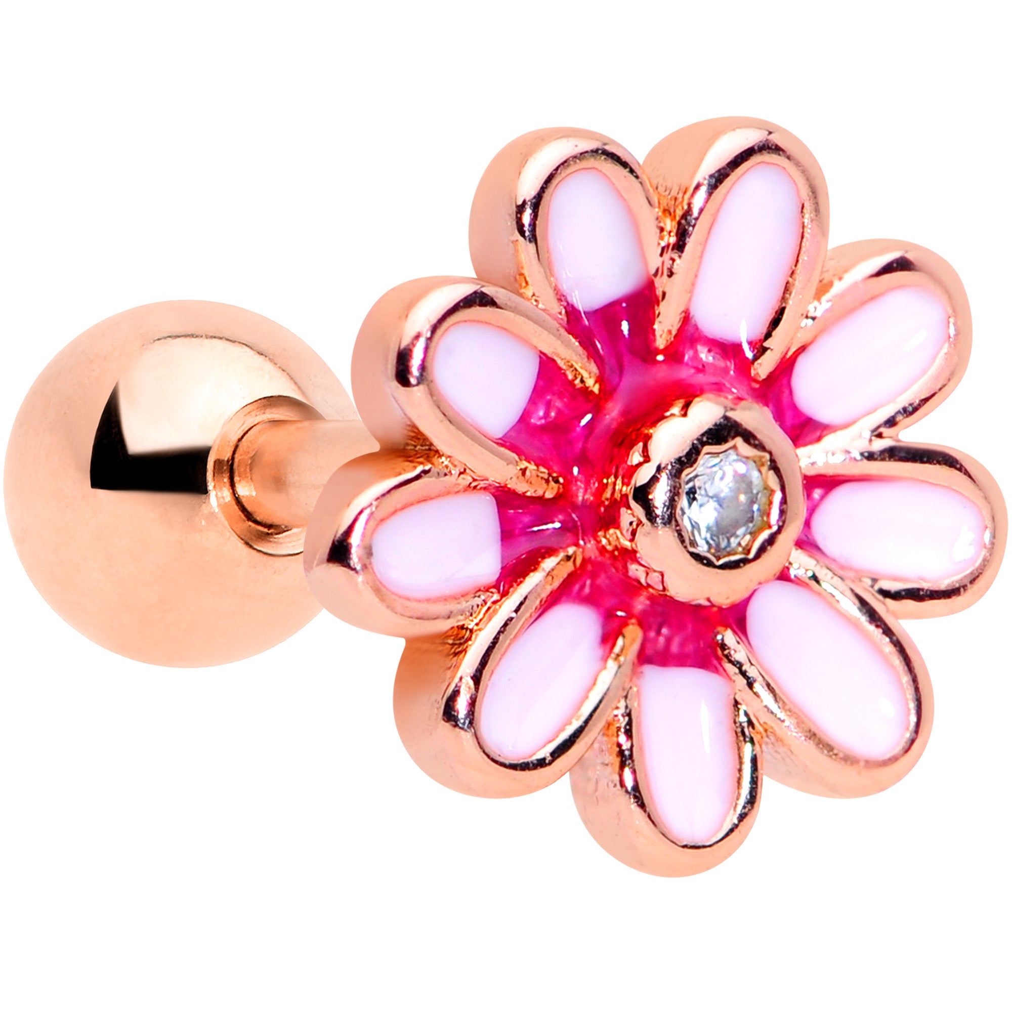 16G 1/4 Clear Gem Rose Gold Tone Pink Flower Cartilage Earring