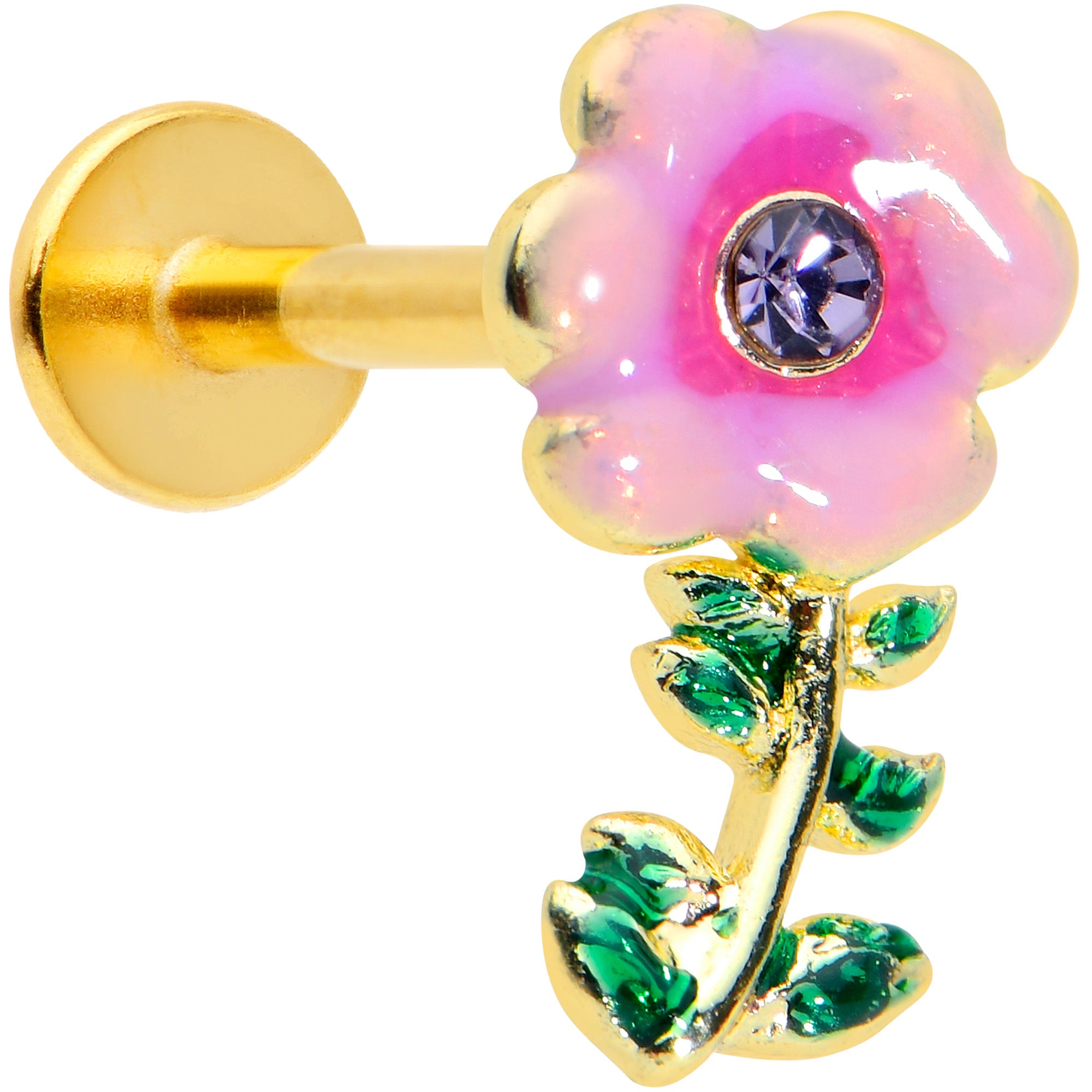 16G 5/16 Purple CZ Gem Gold Tone Pink Flower Labret Monroe Tragus