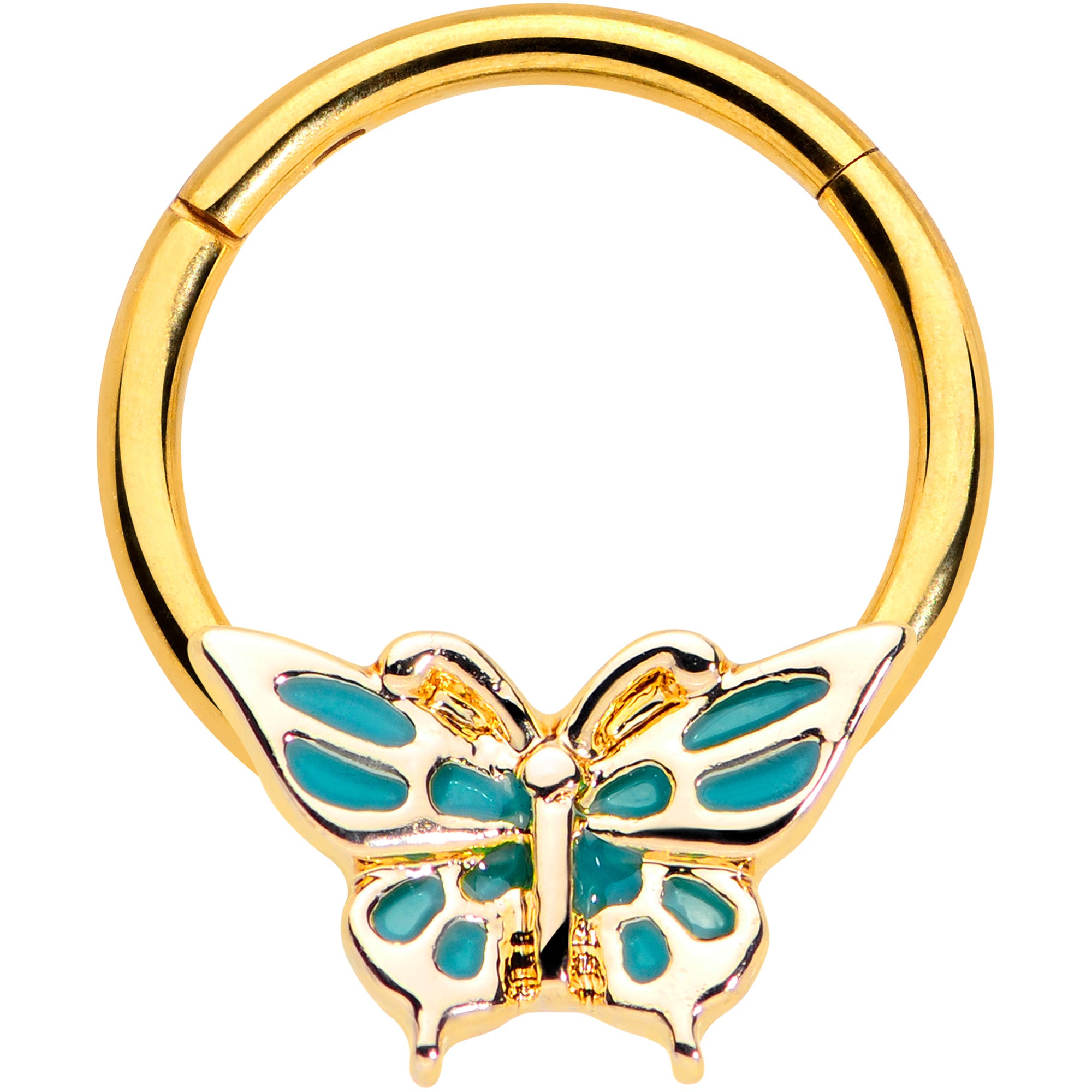 16G 3/8 Gold Tone Green Inlay Butterfly Hinged Segment Ring