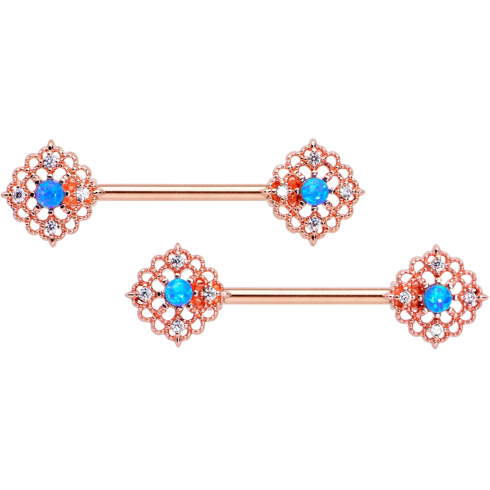 14G 9/16 Blue Synthetic Opal Rose Gold Tone Lacy Nipple Ring Set