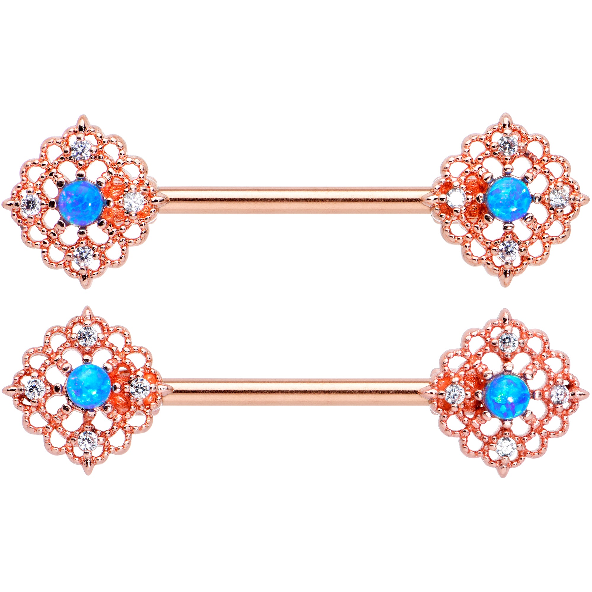 14G 9/16 Blue Synthetic Opal Rose Gold Tone Lacy Nipple Ring Set