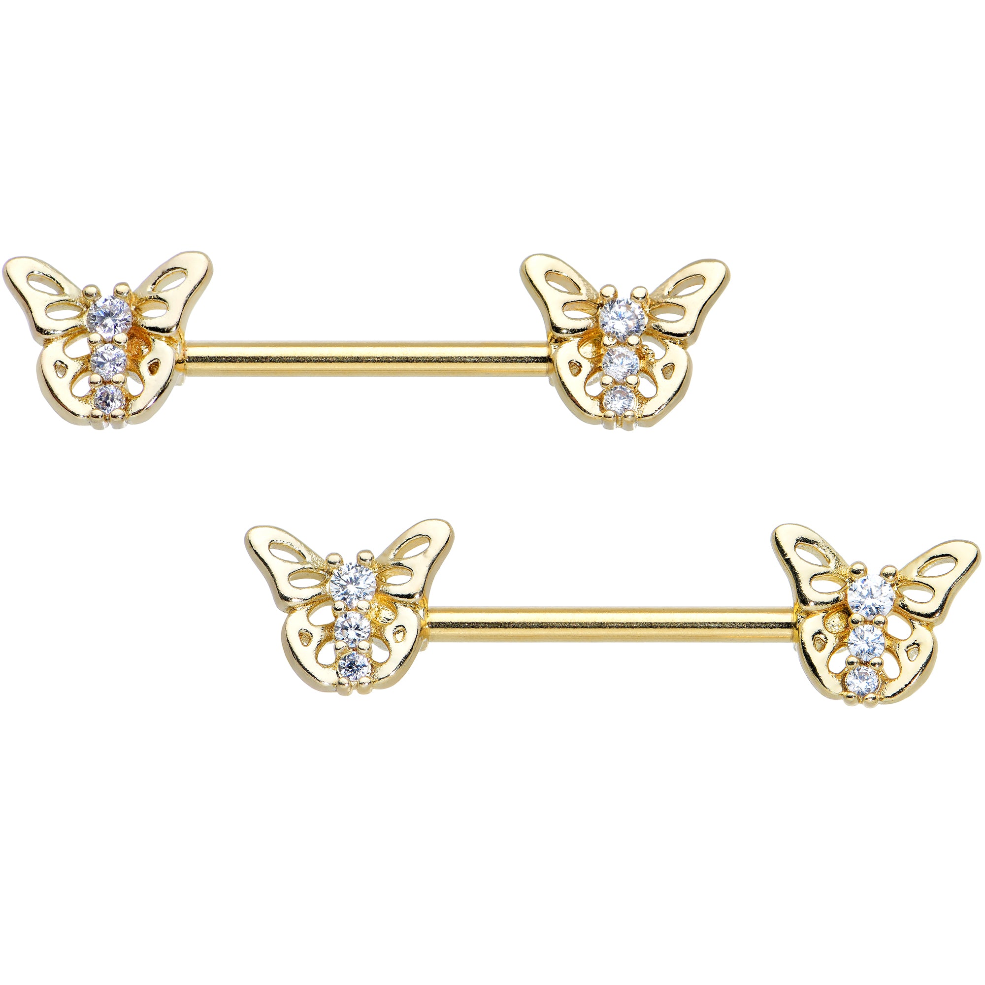 14G 9/16 Clear CZ Gem Gold Tone Open Butterfly Nipple Ring Set