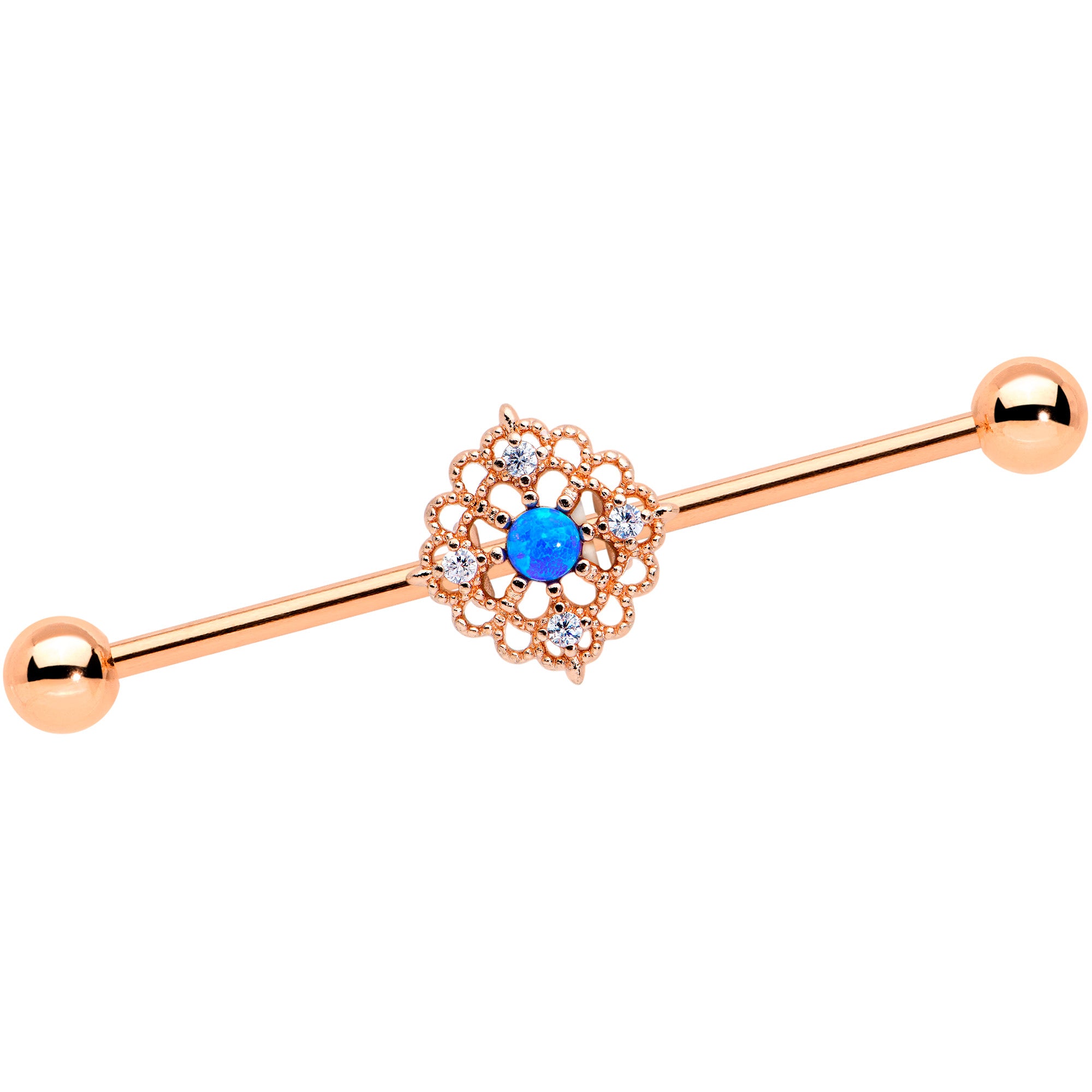 14G Blue Synth Opal Rose Gold Tone Lacy Industrial Barbell 38mm