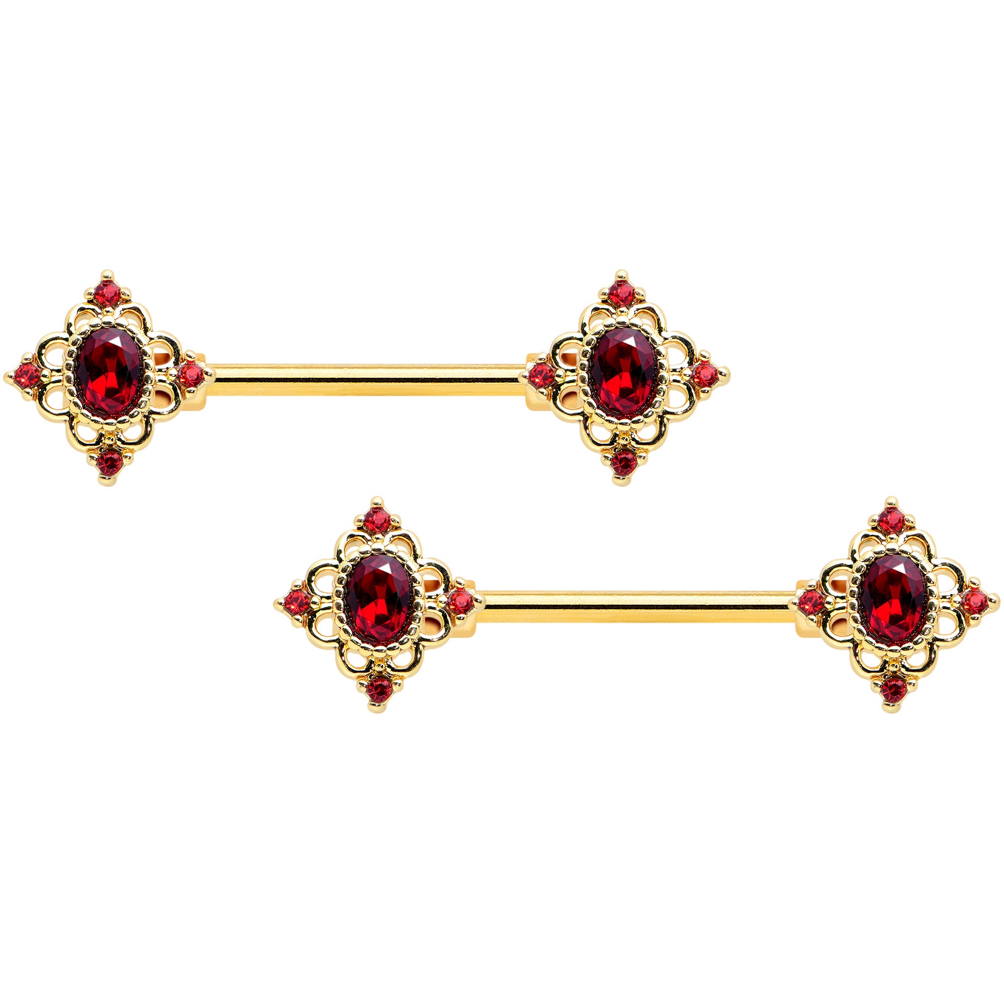 14G 9/16 Red Gem Gold Tone Rich Rhombus Barbell Nipple Ring Set