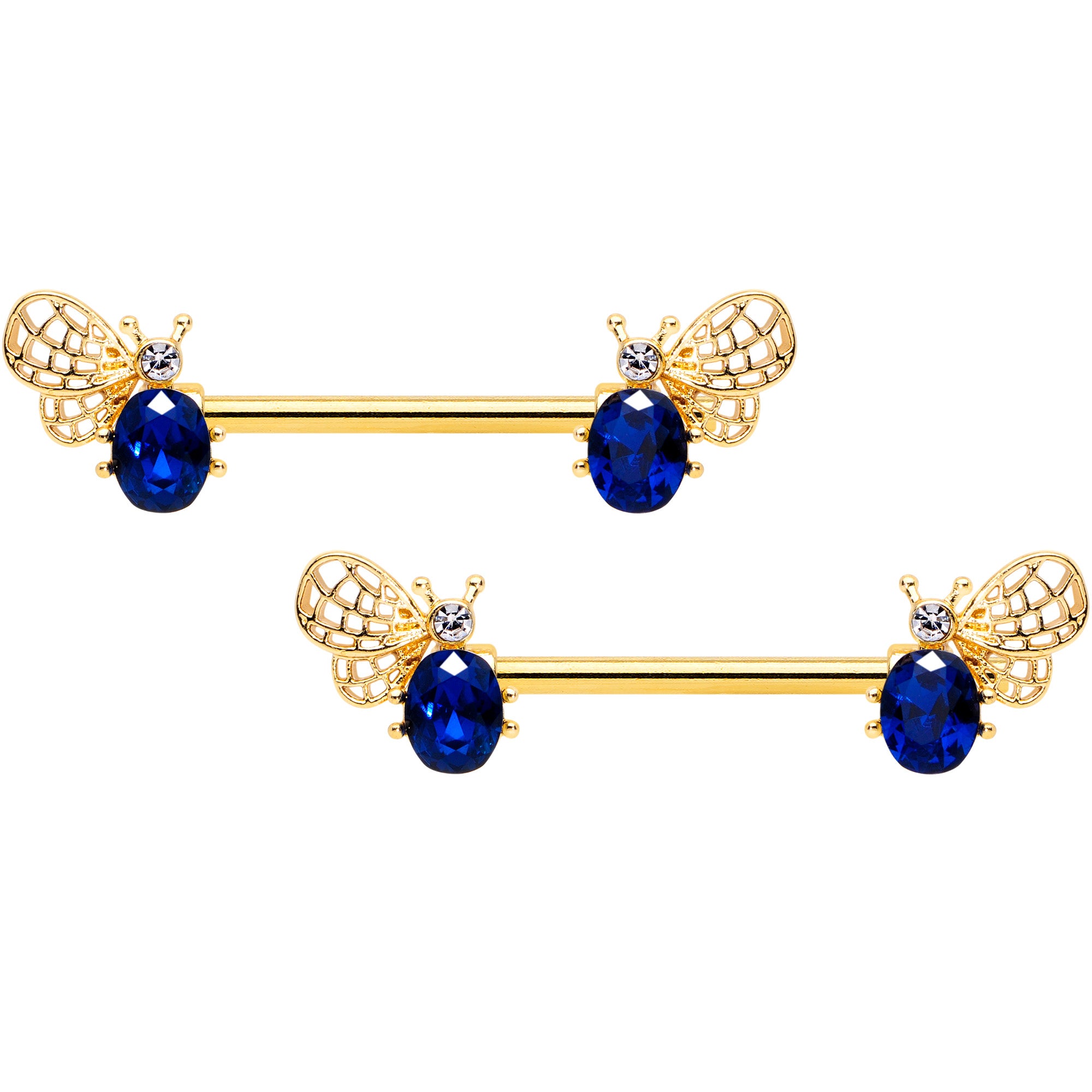 14G 9/16 Blue Gem Gold Tone Beautiful Bee Barbell Nipple Ring Set
