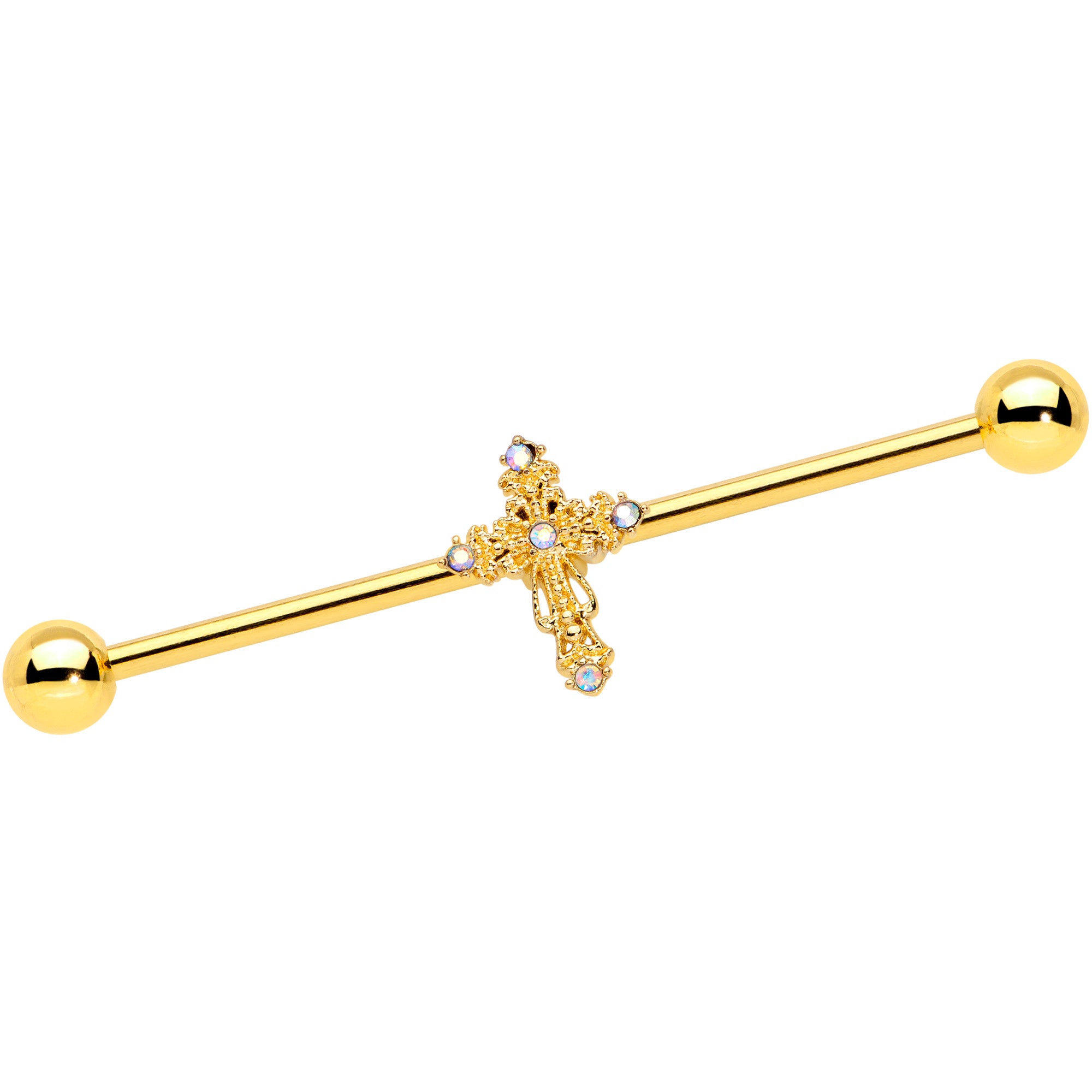 14G Clear CZ Gem Gold Tone Cross Industrial Barbell 38mm