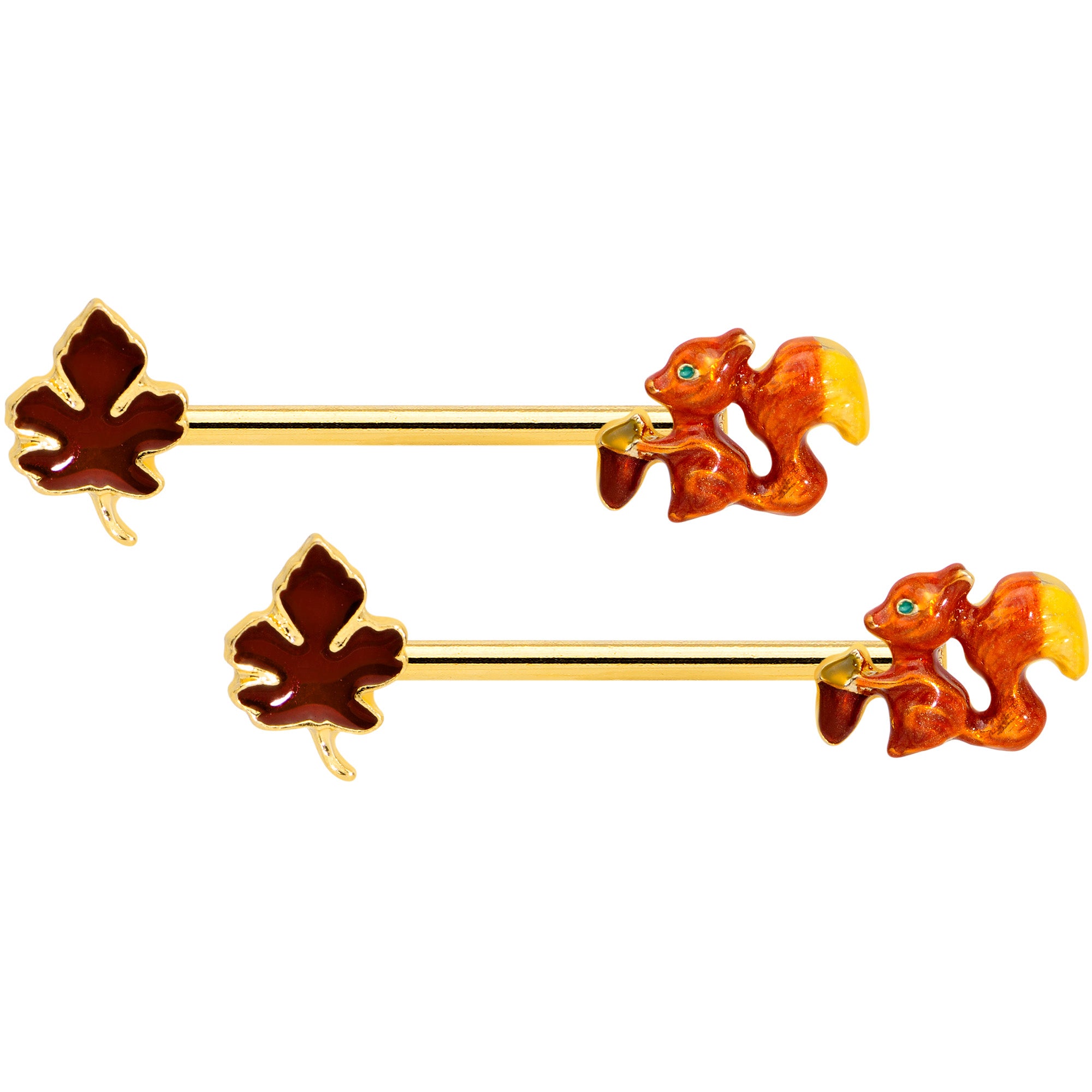 14G 9/16 Gold Tone Happy Squirrel Autumn Barbell Nipple Ring Set