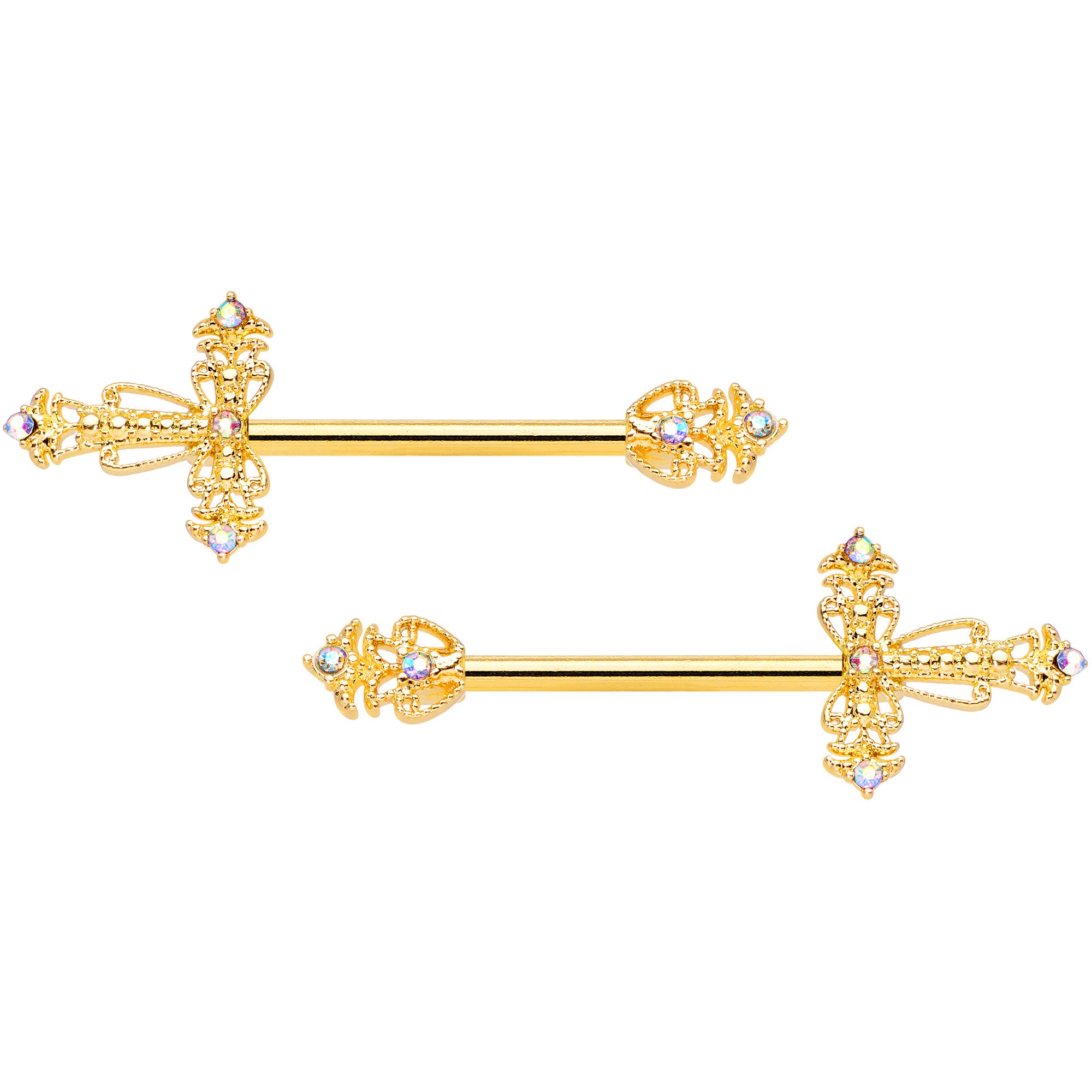 14G 9/16 Clear CZ Gem Gold Tone Scrolling Cross Nipple Ring Set