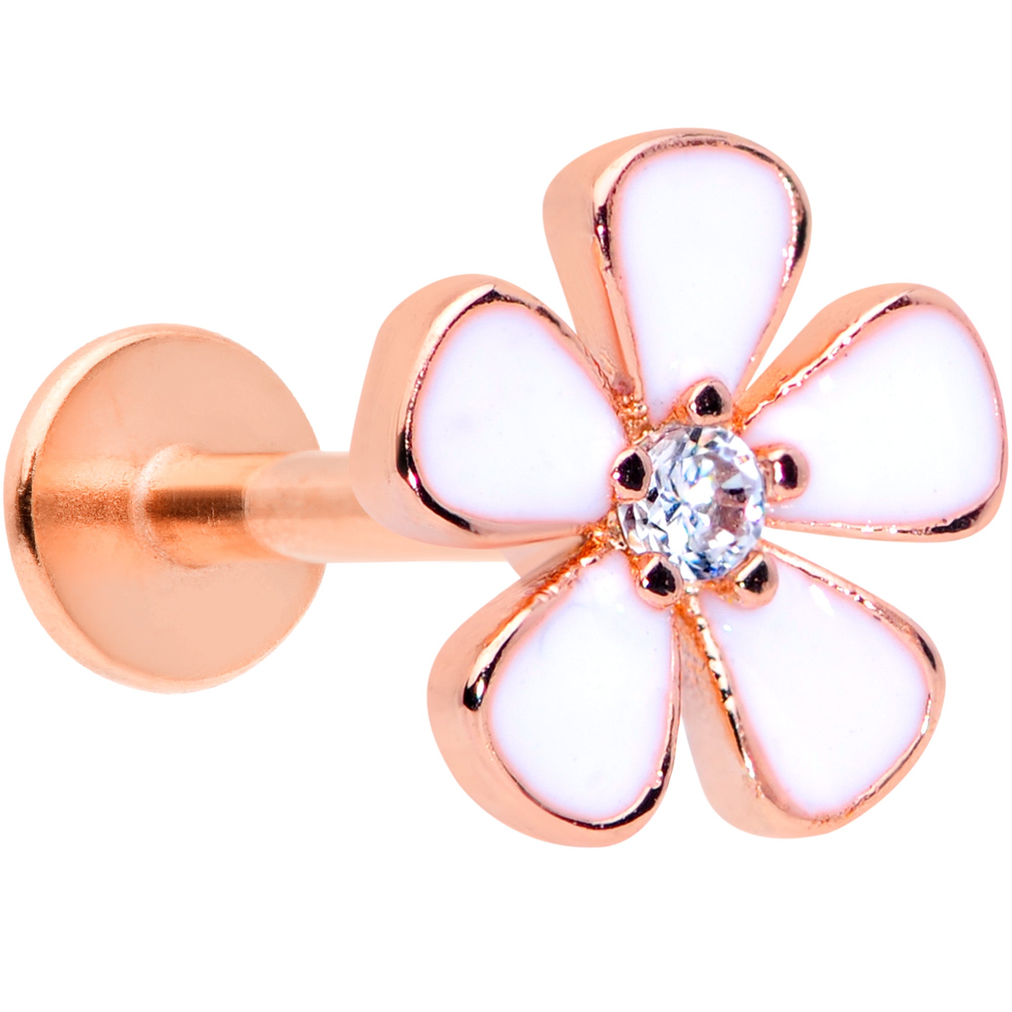 16G 5/16 Clear CZ Gem Rose Gold Tone White Flower Labret Tragus