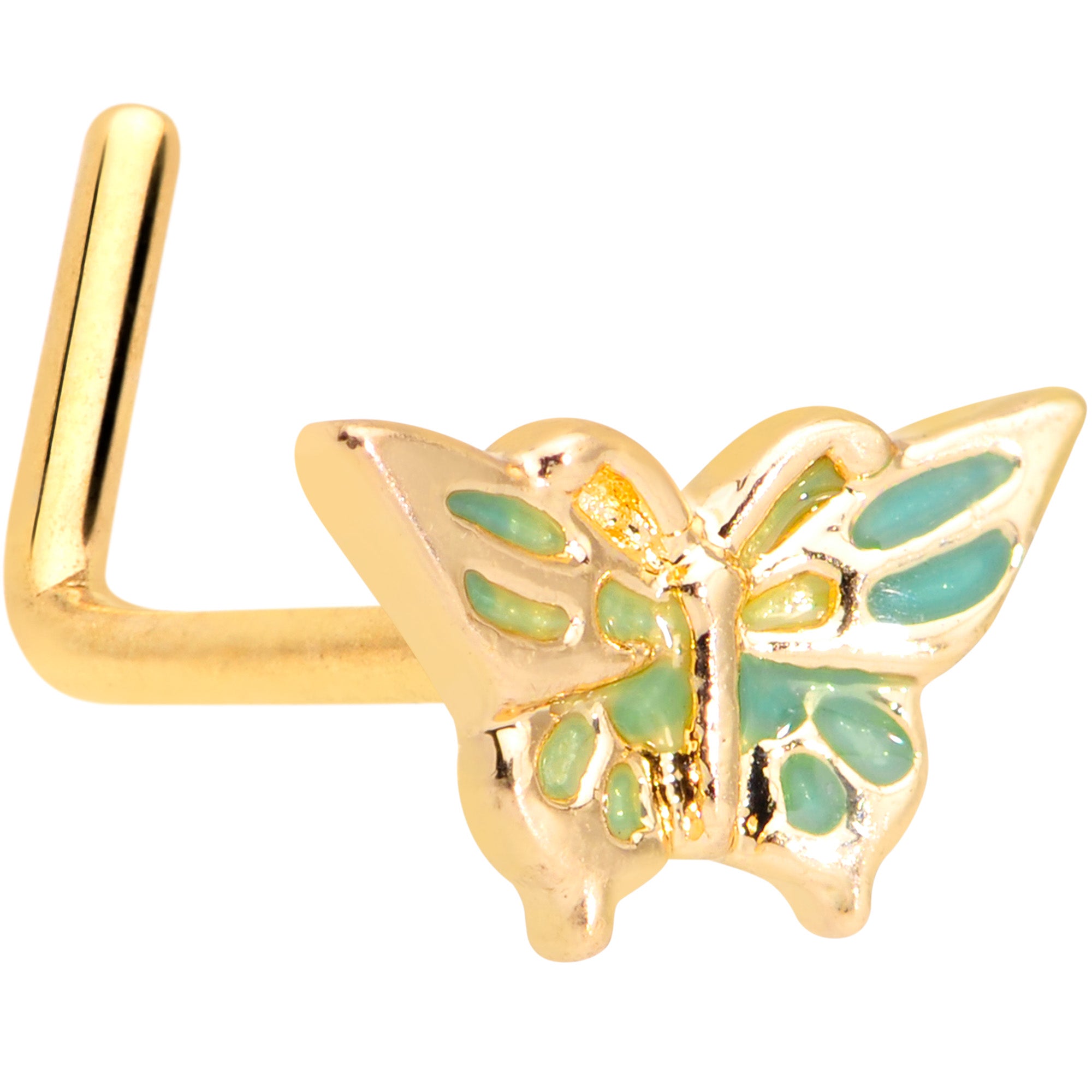 20G 7mm Gold Tone Green Inlay Butterfly L Shaped Nose Ring