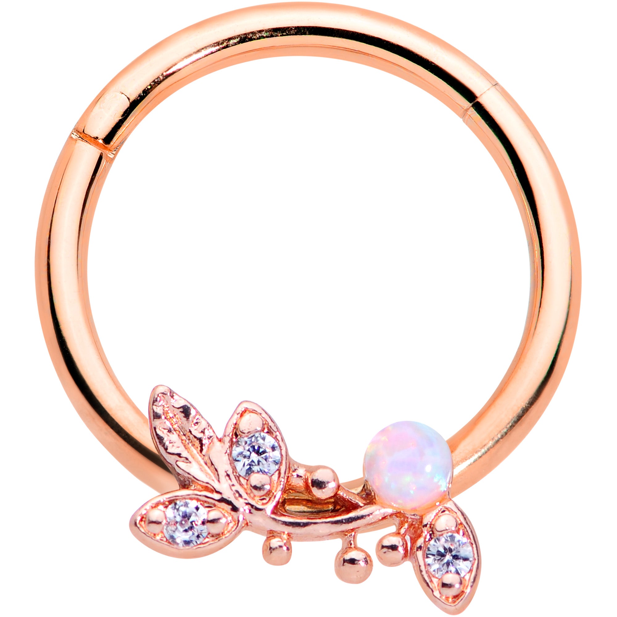 16G 3/8 White Faux Opal Rose Gold Tone Leaves Hinged Segment Ring
