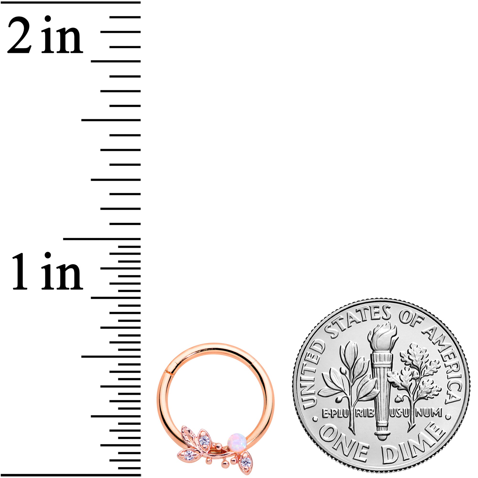 16G 3/8 White Faux Opal Rose Gold Tone Leaves Hinged Segment Ring