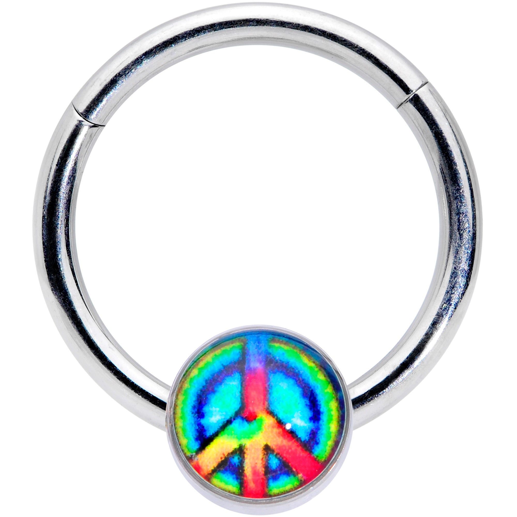 16G 3/8 Rainbow Tie Dye Peace Sign Hinged Segment Ring