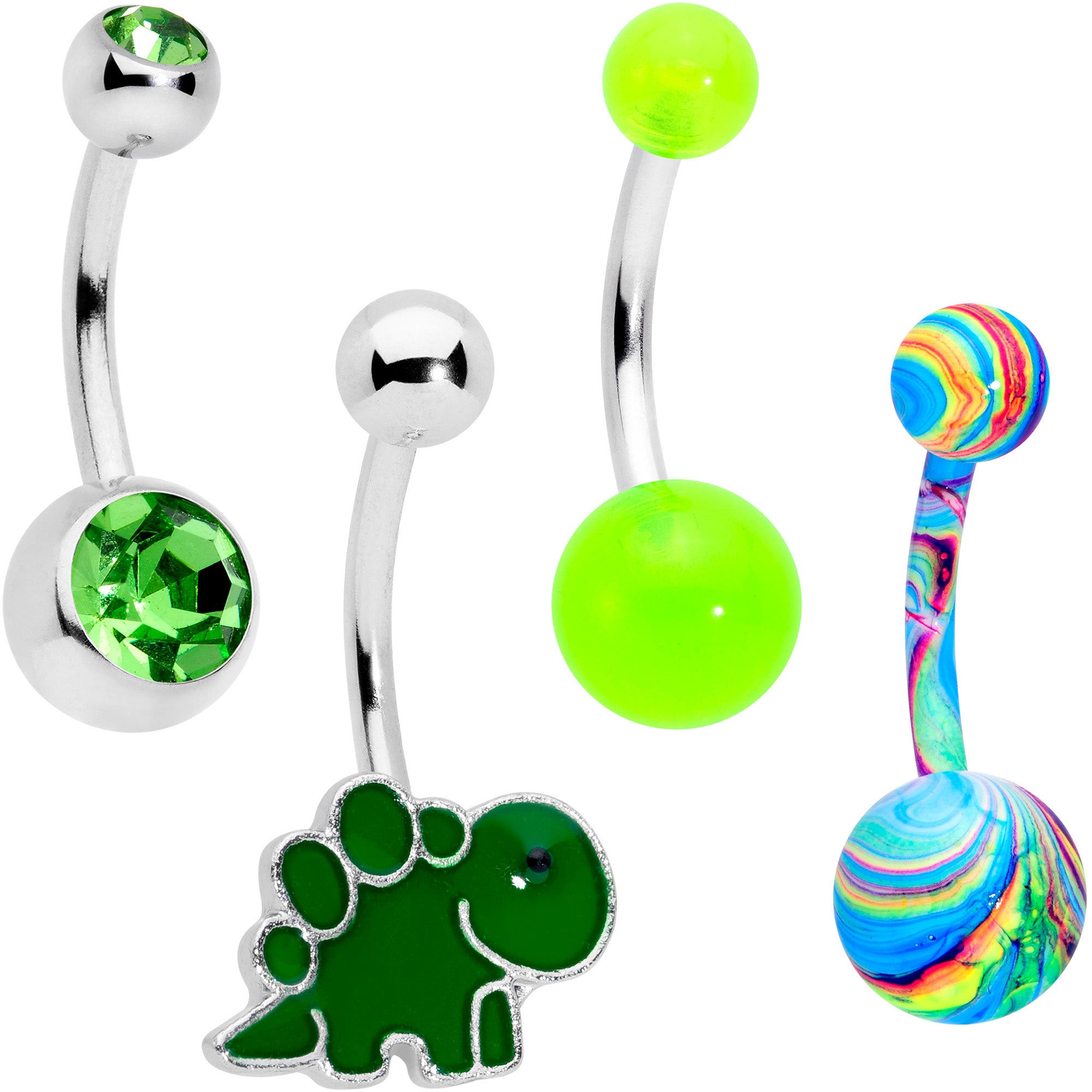 Green Gem UV Glow Color Swirl Dinosaur Belly Ring Set of 4