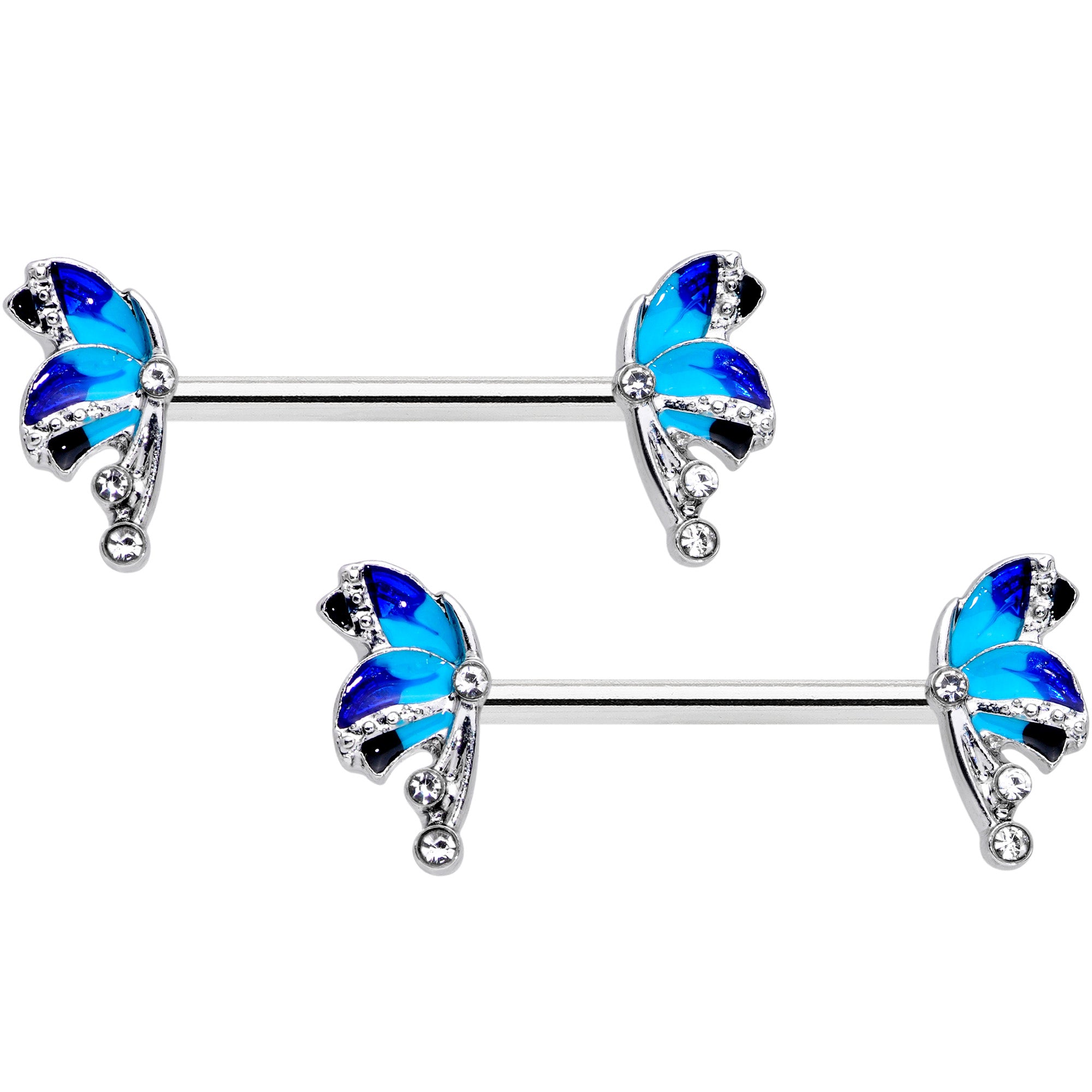 14G 9/16 Clear Gem Blue Butterfly Barbell Nipple Ring Set