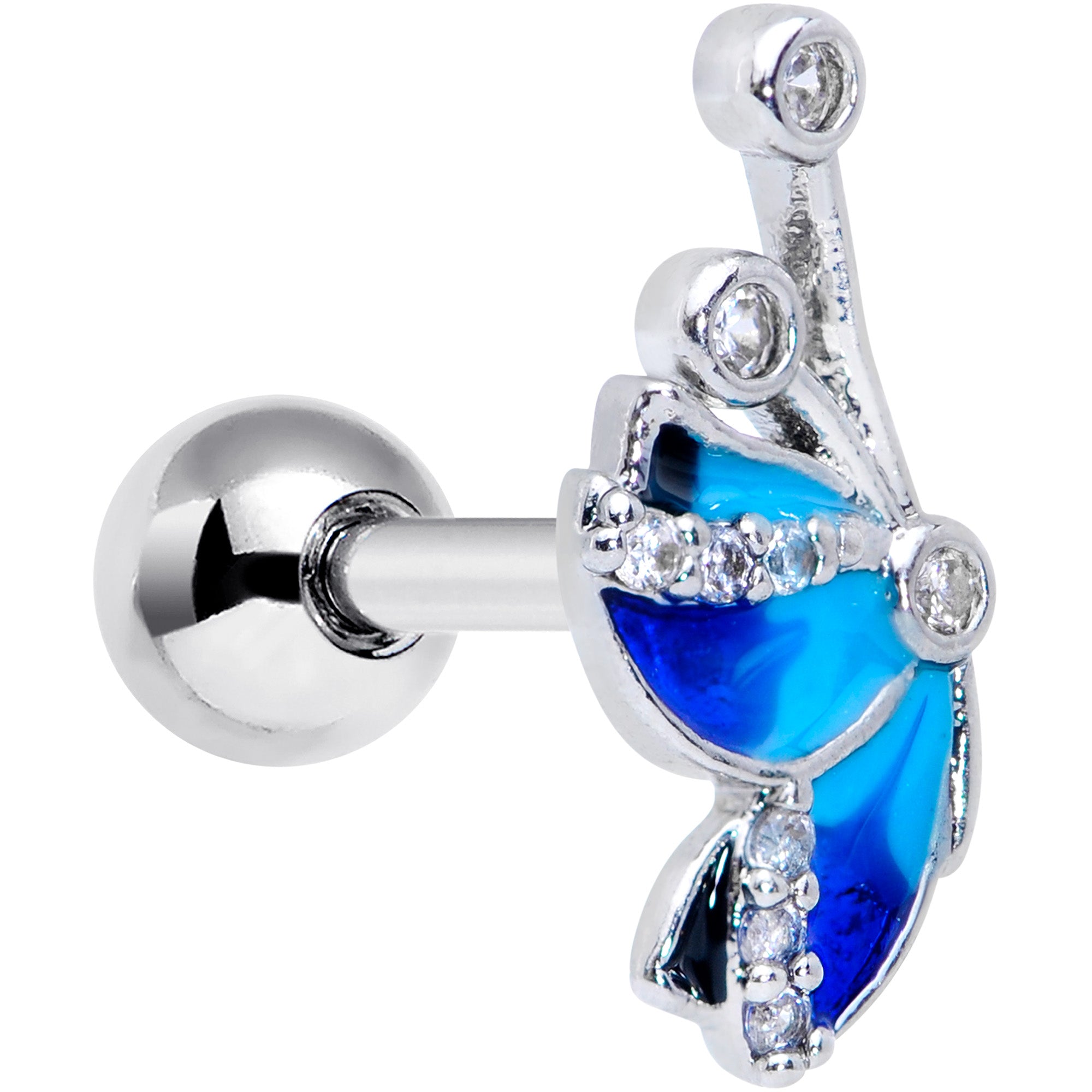 16G 1/4 Clear Gem Blue Butterfly Cartilage Tragus Earring