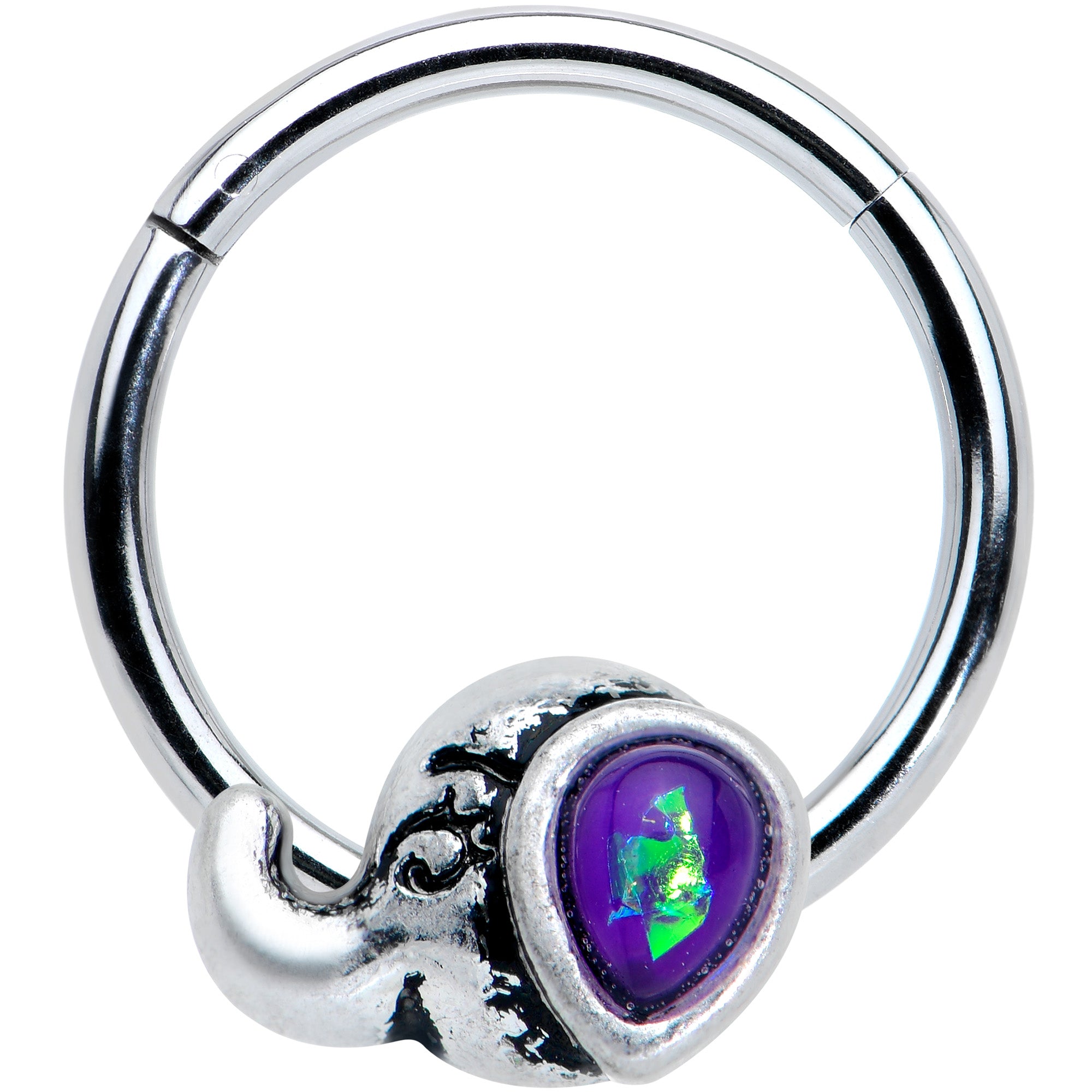 16G 3/8 Blue Faux Opal Elegant Elephant Hinged Segment Ring