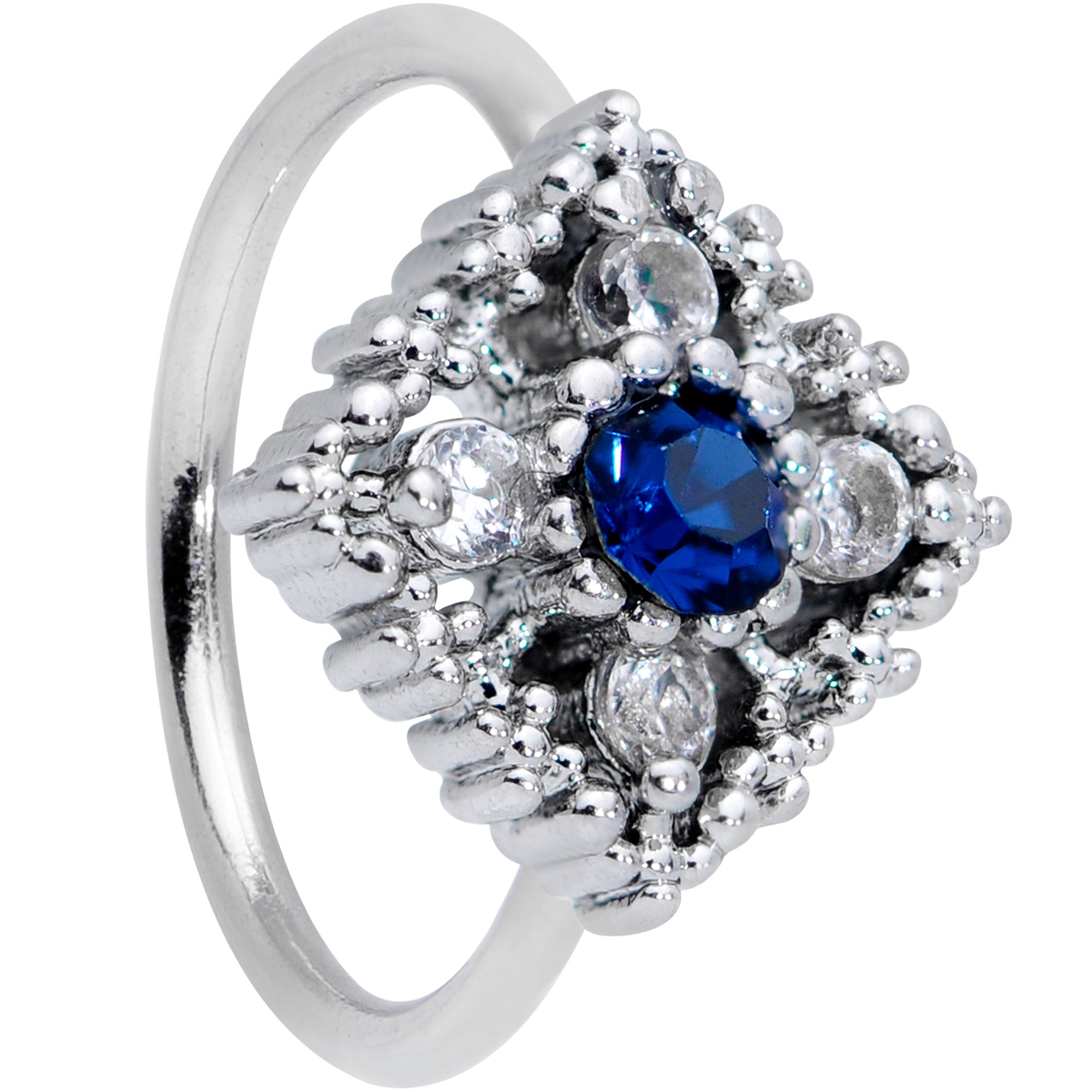 20G 5/16 Clear Blue Gem Textured Rhombus Cross Nose Hoop