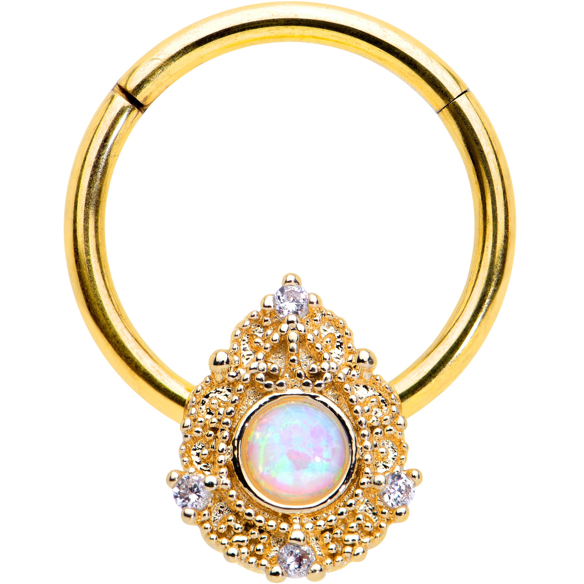 16G 3/8 White Synthetic Opal Gold Tone Elegant Hinged Segment Ring
