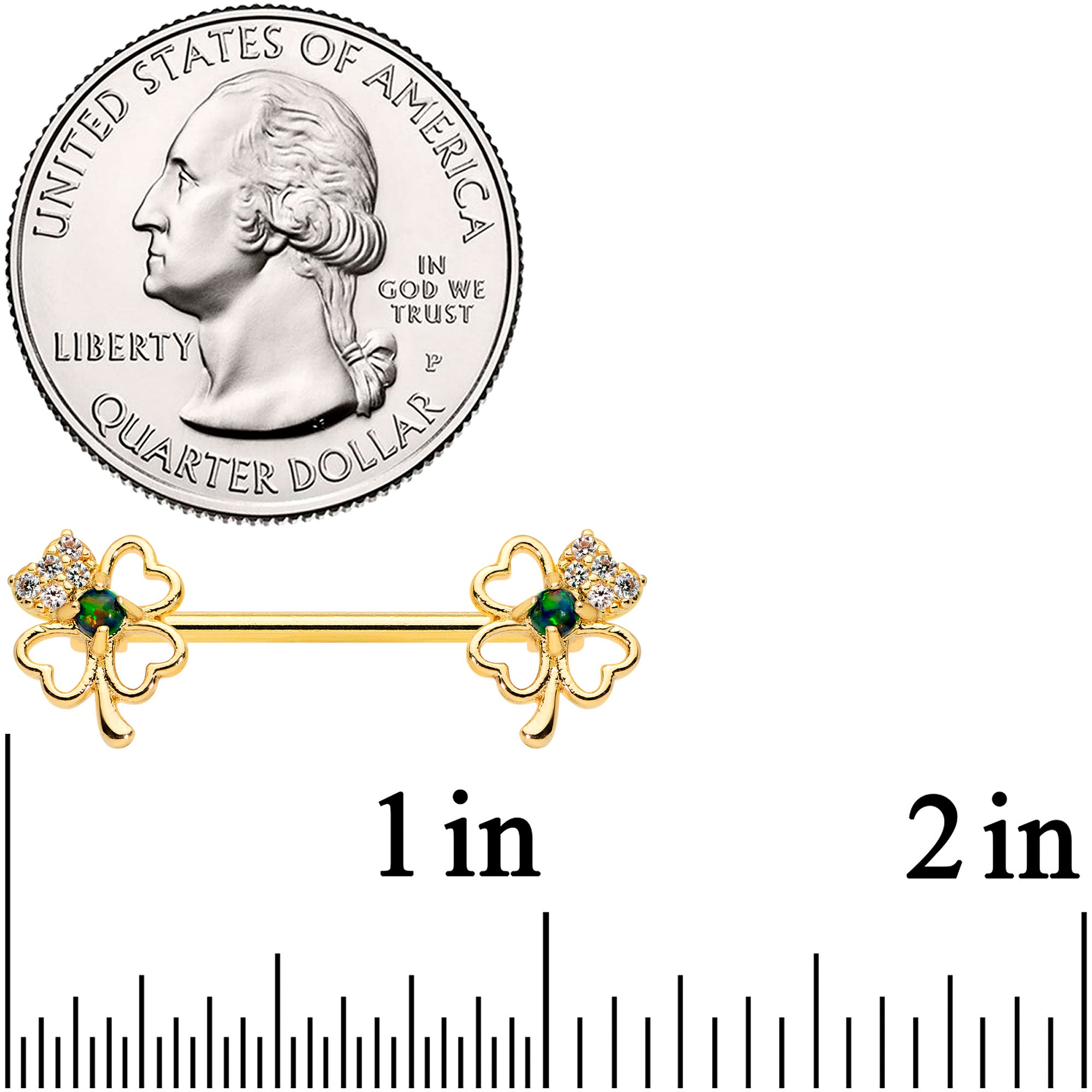 14G 9/16 Green Synthetic Opal Gold Tone Shamrock Nipple Ring Set