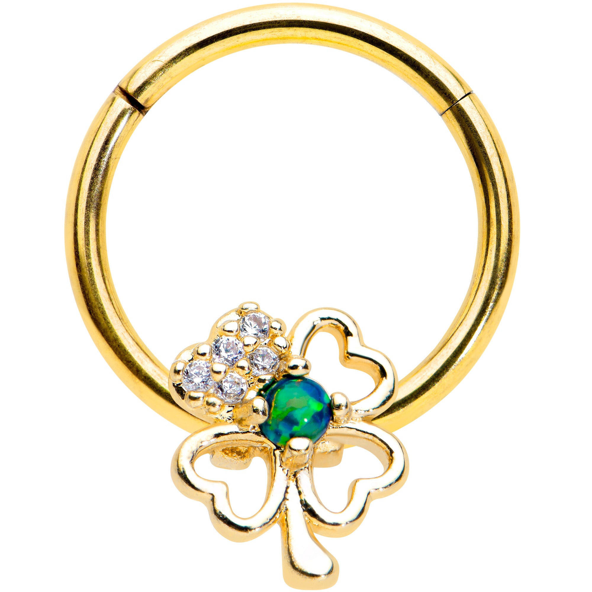 16G 3/8 Green Synth Opal Gold Hue Shamrock Hinged Segment Ring