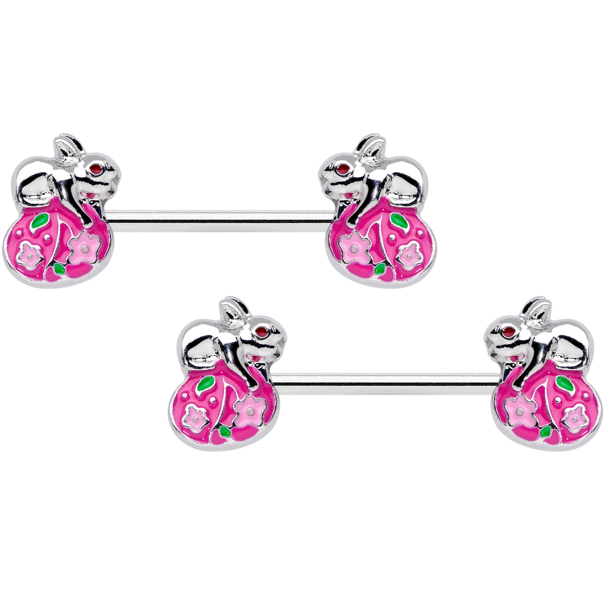 14G 9/16 Pink Gem Pink Easter Egg Bunny Barbell Nipple Ring Set