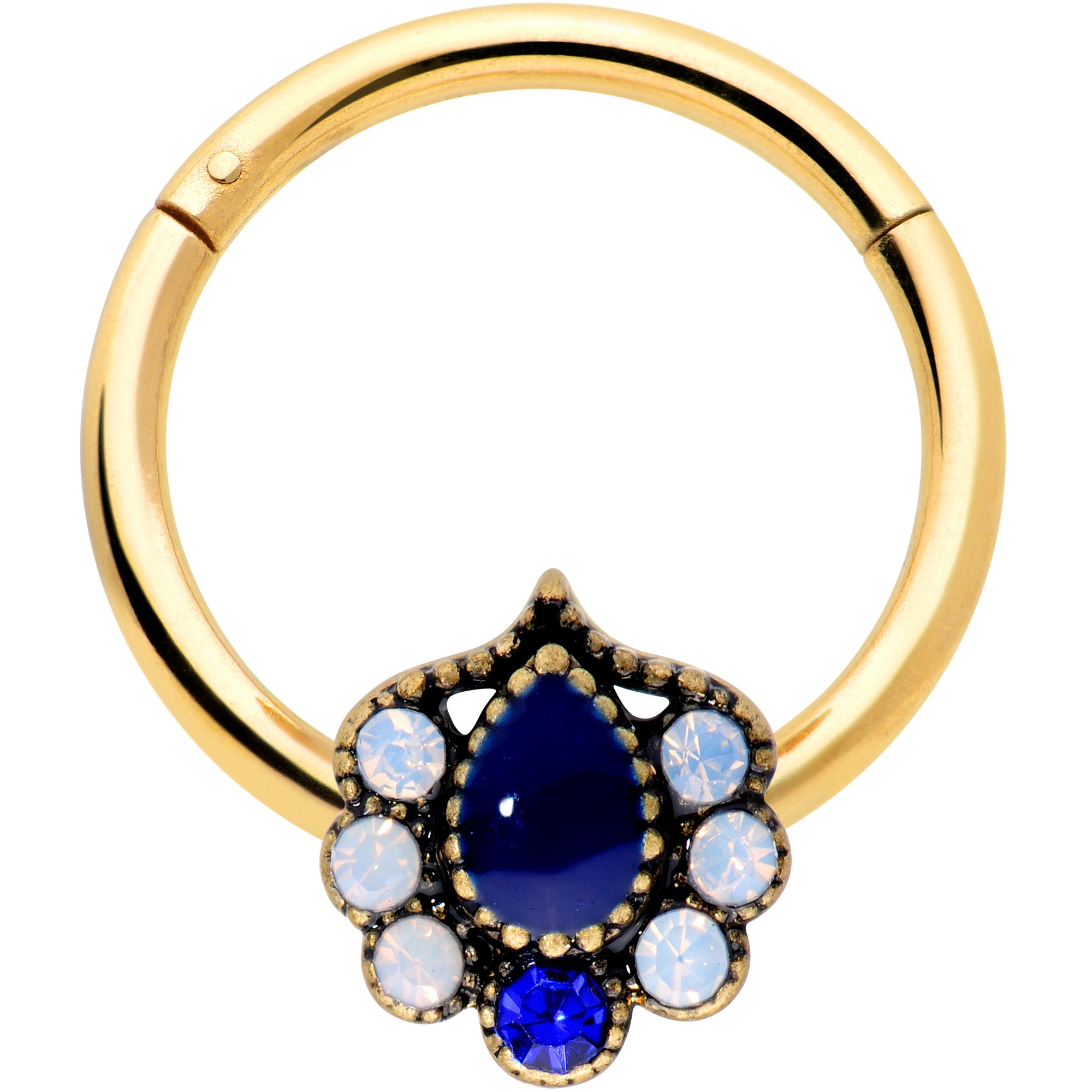 16G 3/8 Clear Blue Gem Gold Hue Heirloom Drop Hinged Segment Ring